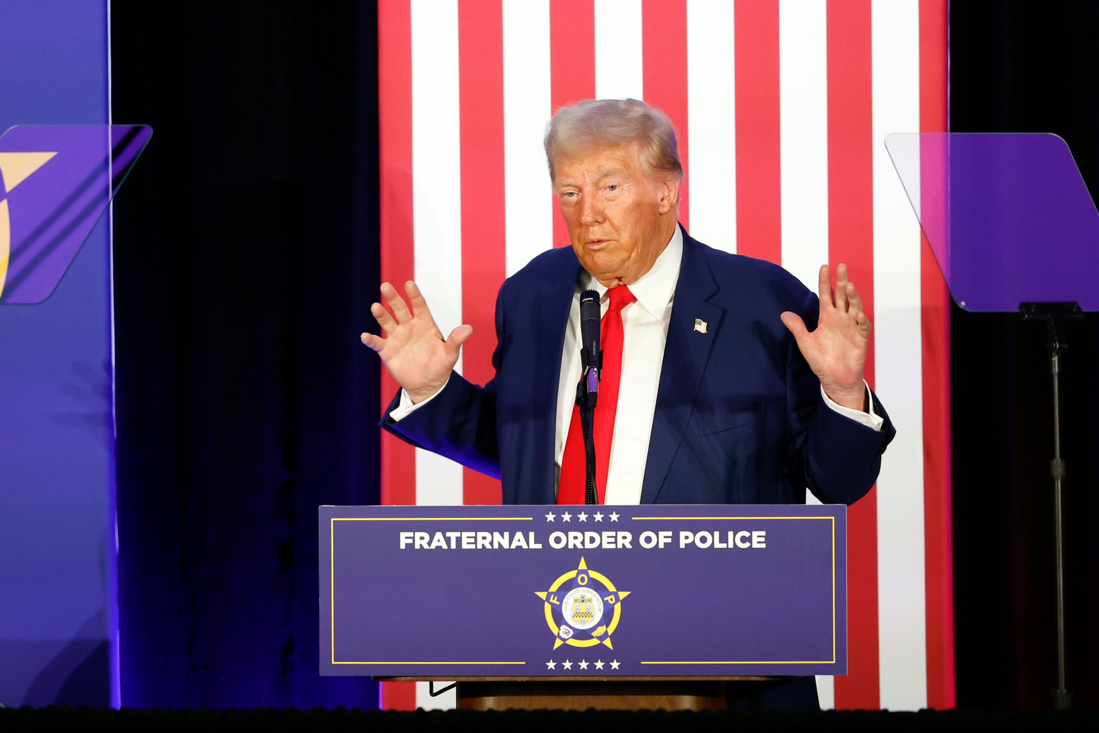 Republican presidential nominee former President Donald Trump speaks to the Fraternal Order of Police in Charlotte, N.C., Friday, Sept. 6, 2024. He urged the members to watch for voter fraud