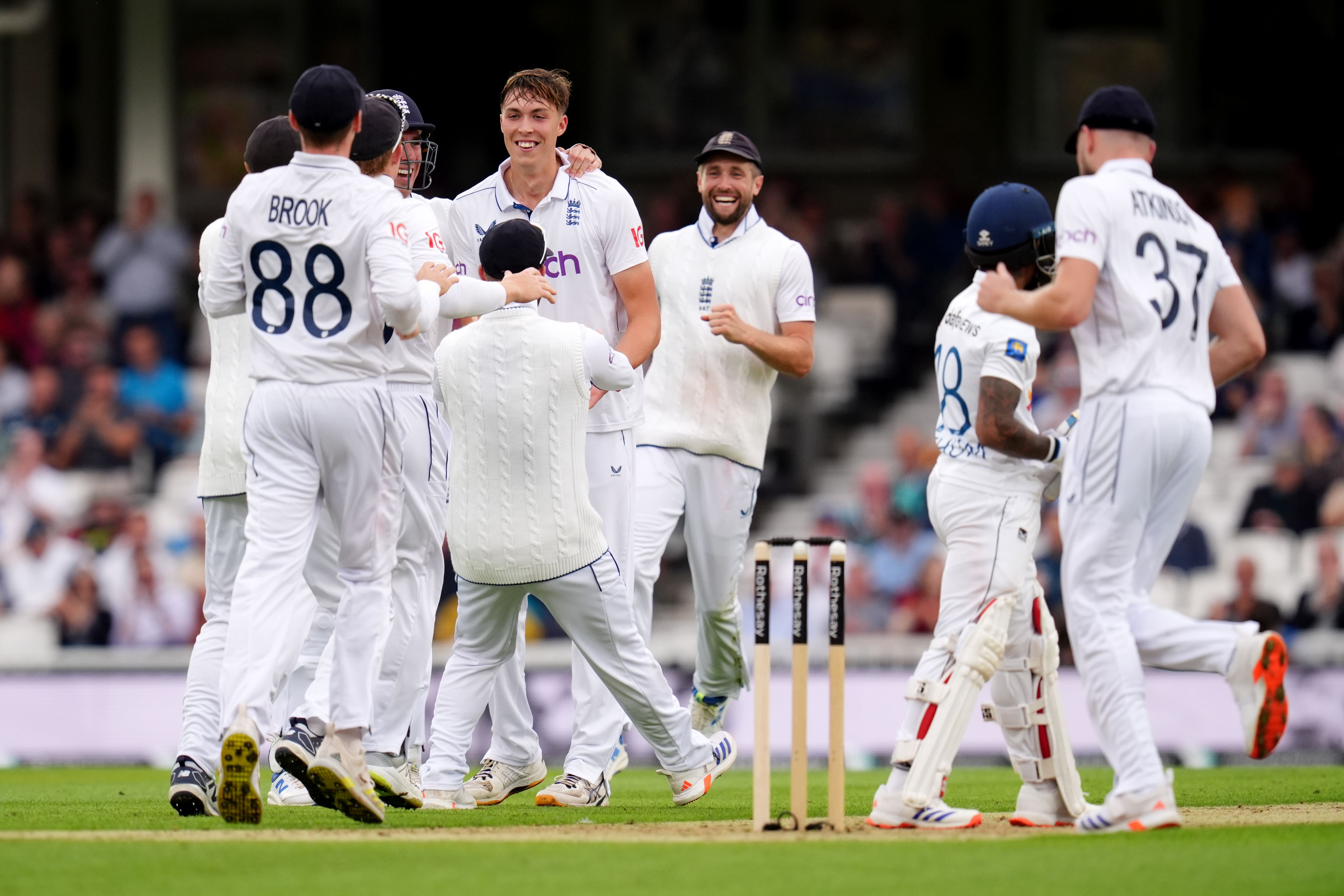 Josh Hull celebrates taking the wicket of Sri Lanka’s Pathum Nissanka (John Walton/PA)