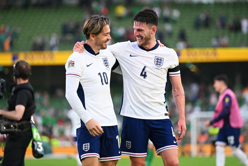 Jack Grealish and Declan Rice embrace at the full-time whistle