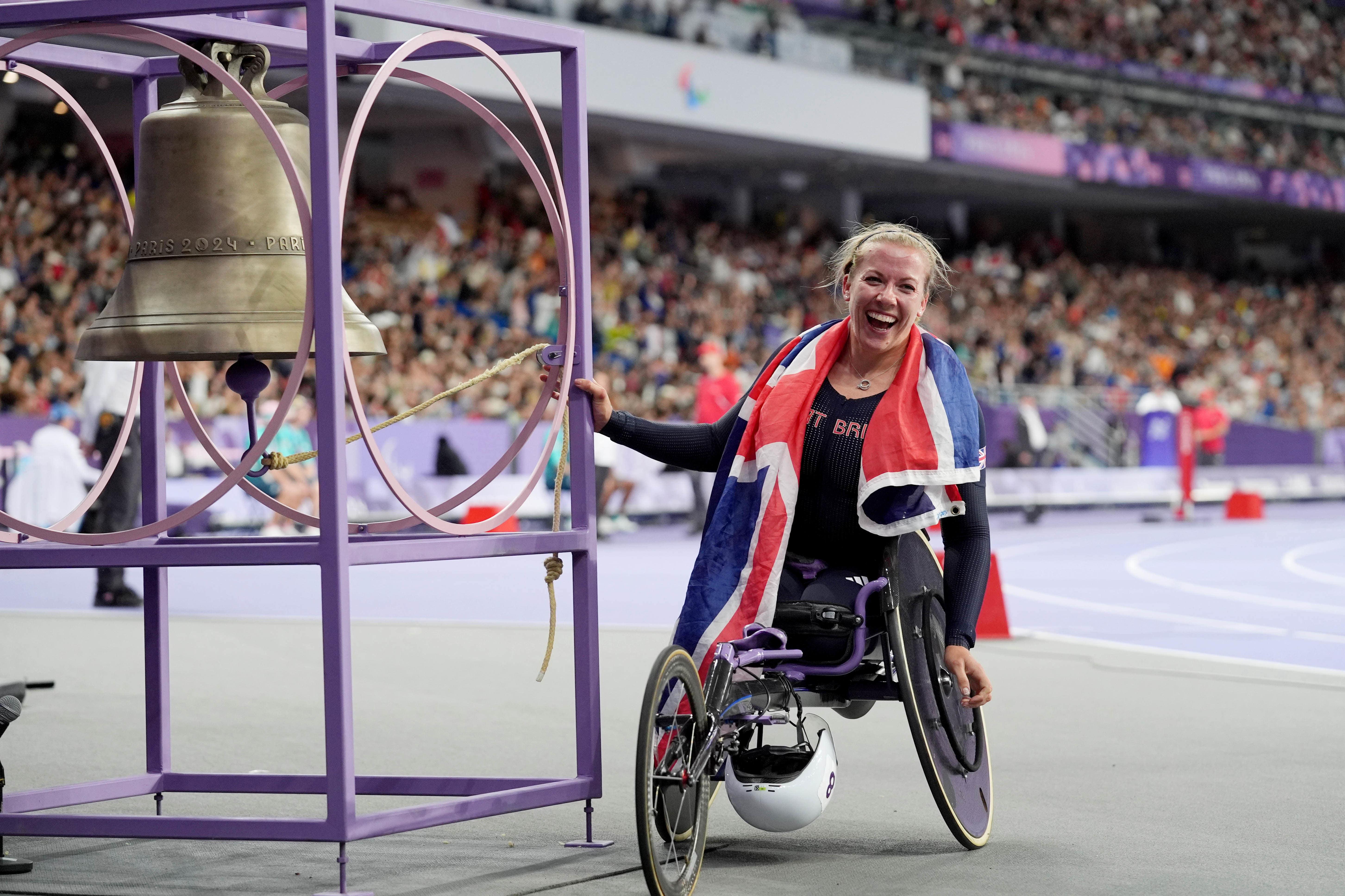 Great Britain’s Hannah Cockroft celebrating gold in the women’s 800m T34 final (ParalympicsGB/PA)