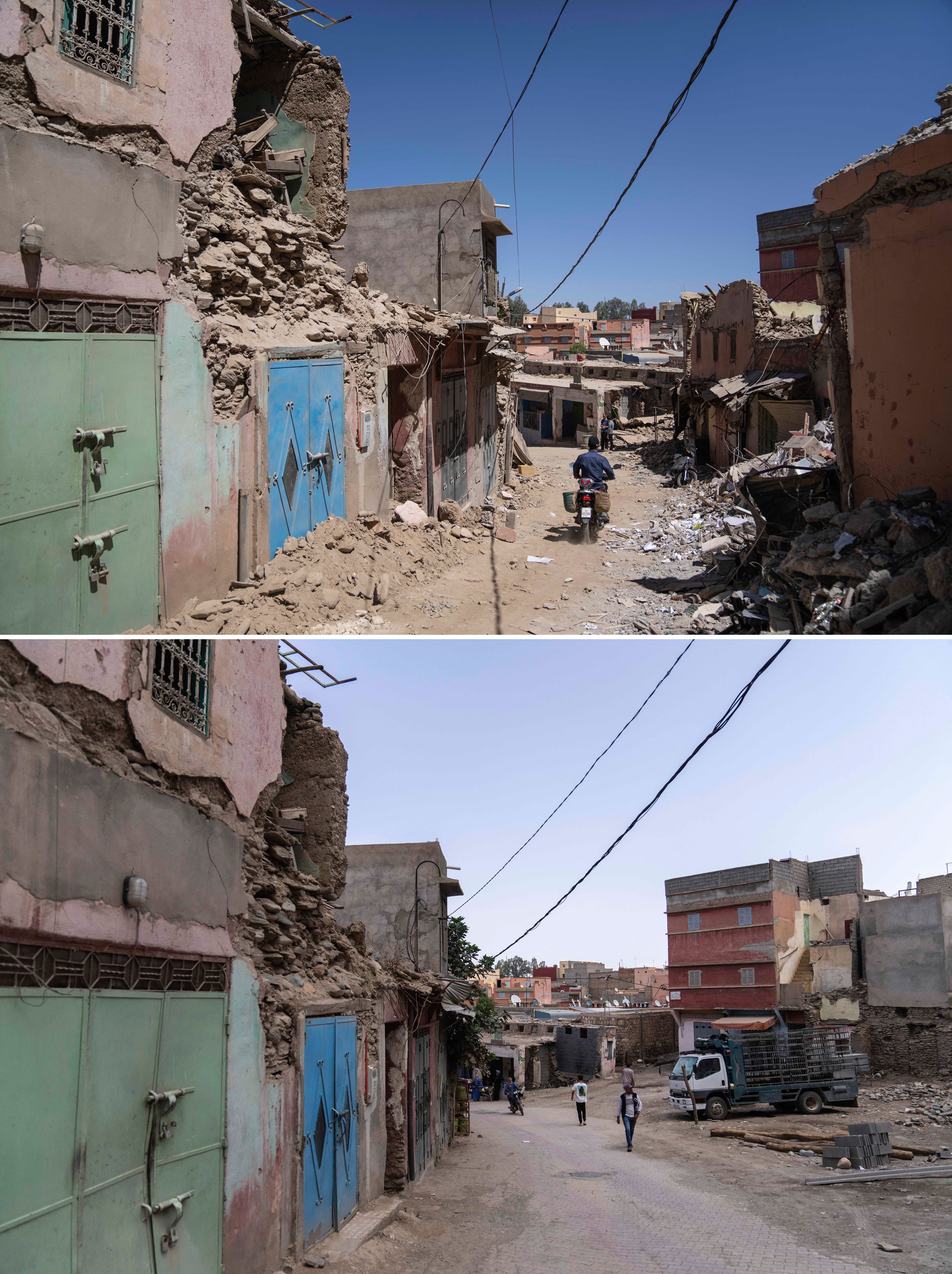 A man drives past earthquake damage in the town of Amizmiz on 10 September 2023. Below, people walking down the same street on 4 September 2024