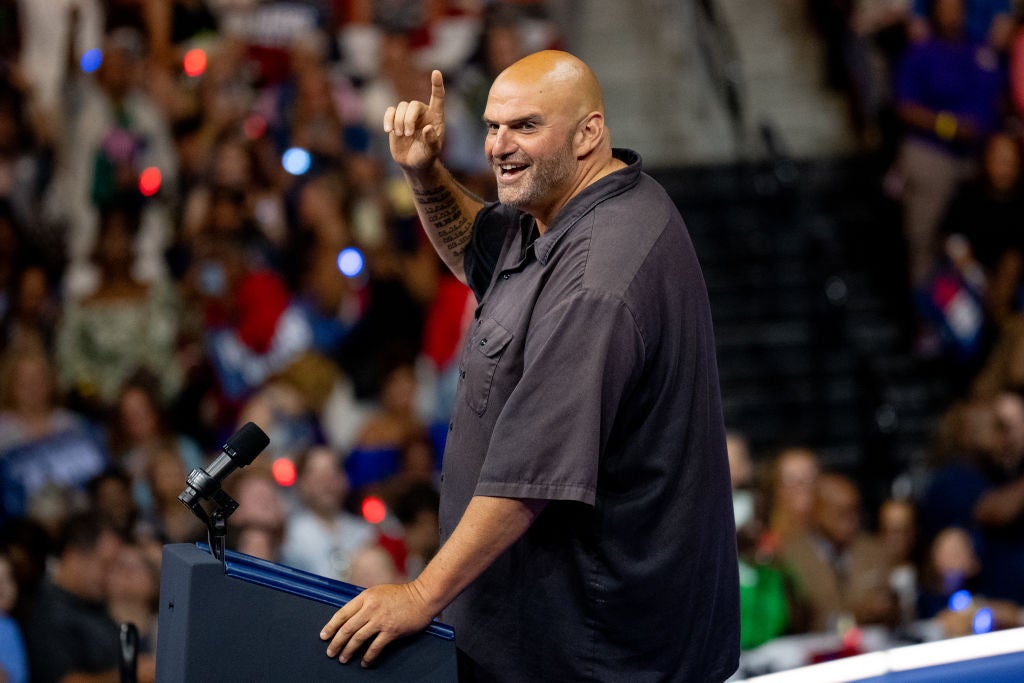 Senator John Fetterman speaks at a campaign rally for Kamala Harris