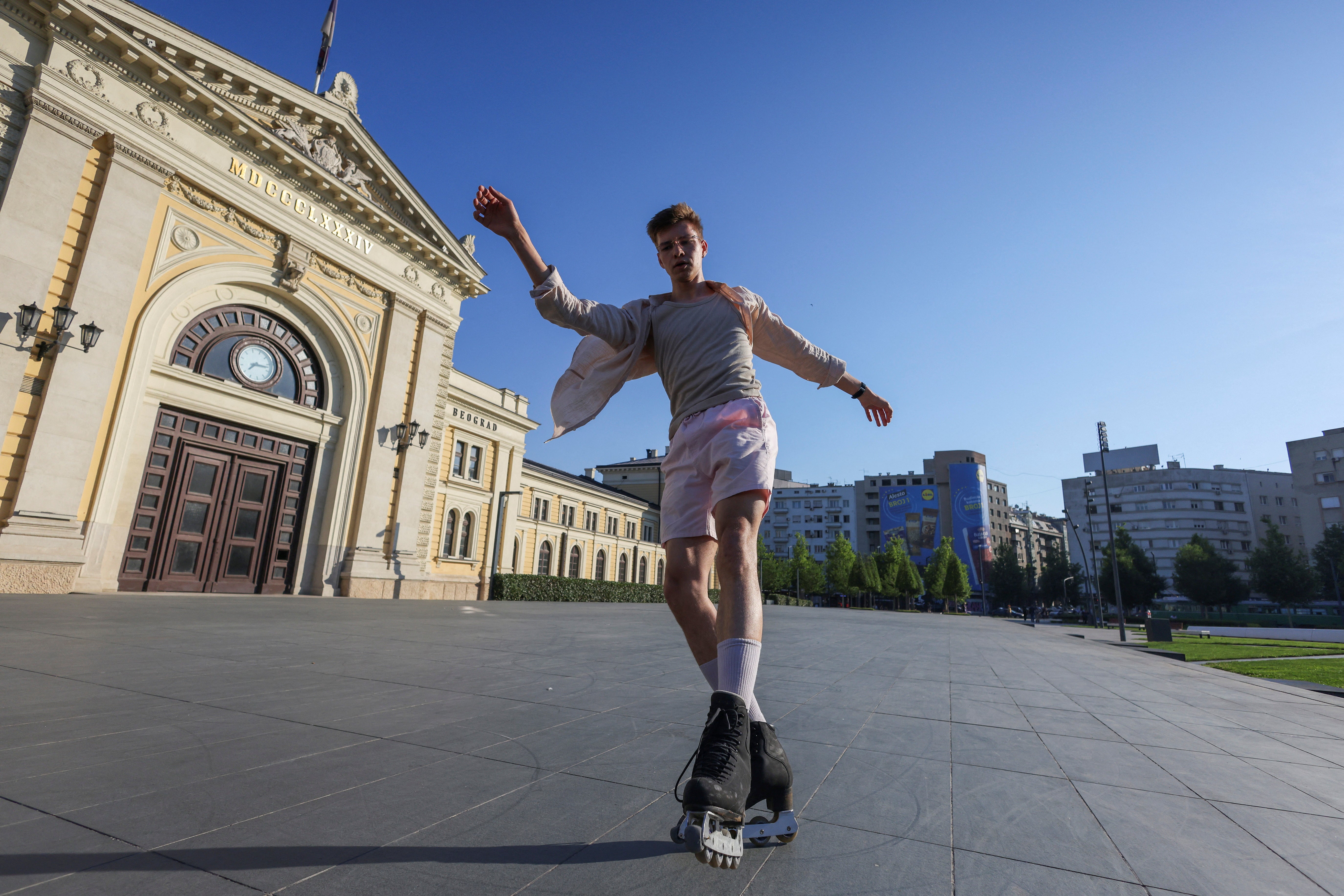 Vadim Morus, Russian professional skater and trainer, practises for his performance in Belgrade, Serbia