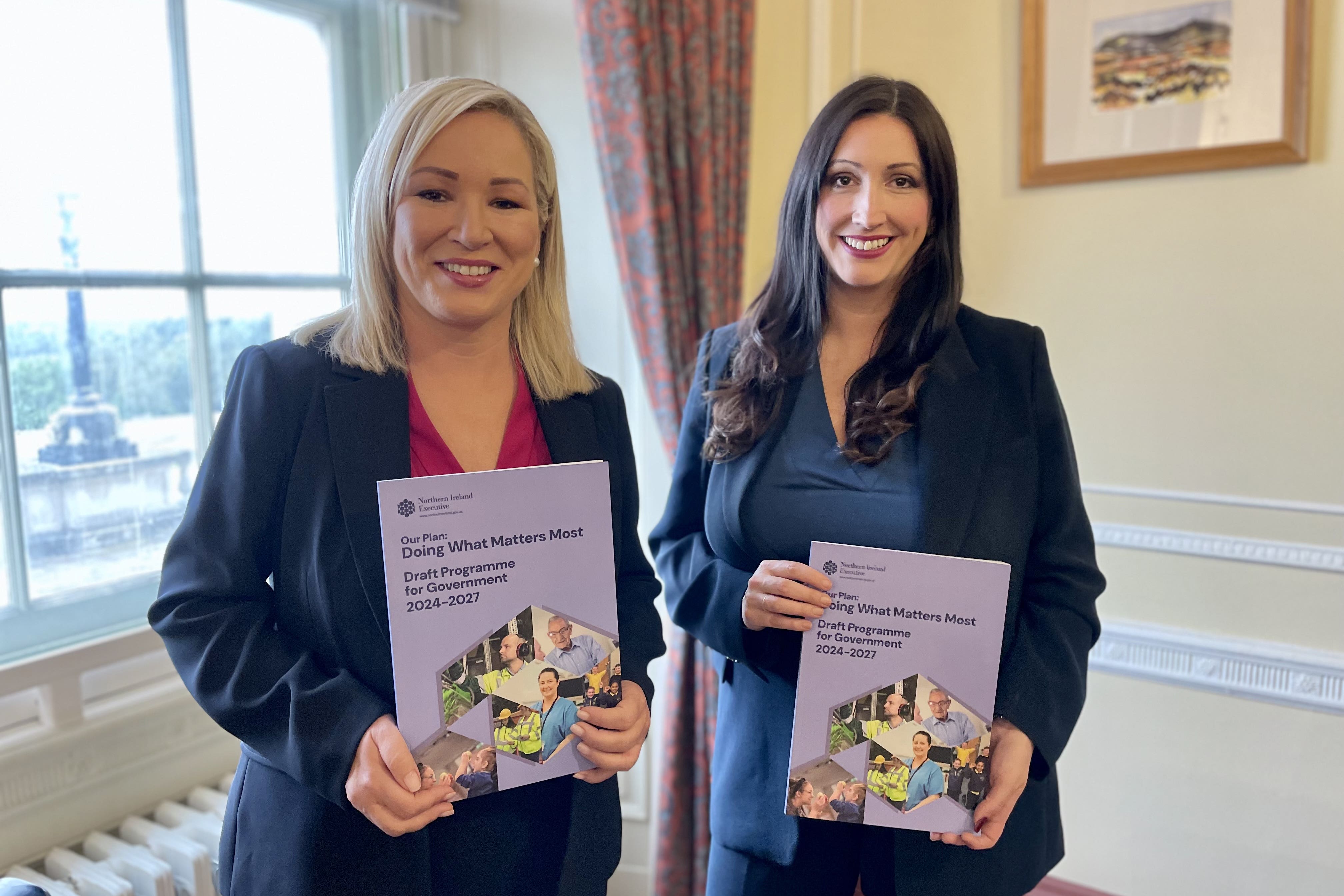 First Minister Michelle O’Neill and deputy First Minister Emma Little Pengelly in Parliament Buildings, Belfast, for the launch of a draft programme for government. Picture date: Monday September 9, 2024.