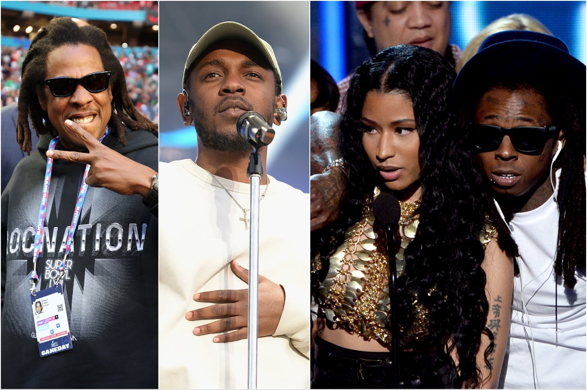 Jay-Z (left) has been called out for booking Kendrick Lamar (centre) to headline the 2025 Super Bowl halftime show over Lil Wayne (pictured with Nicki Minaj)