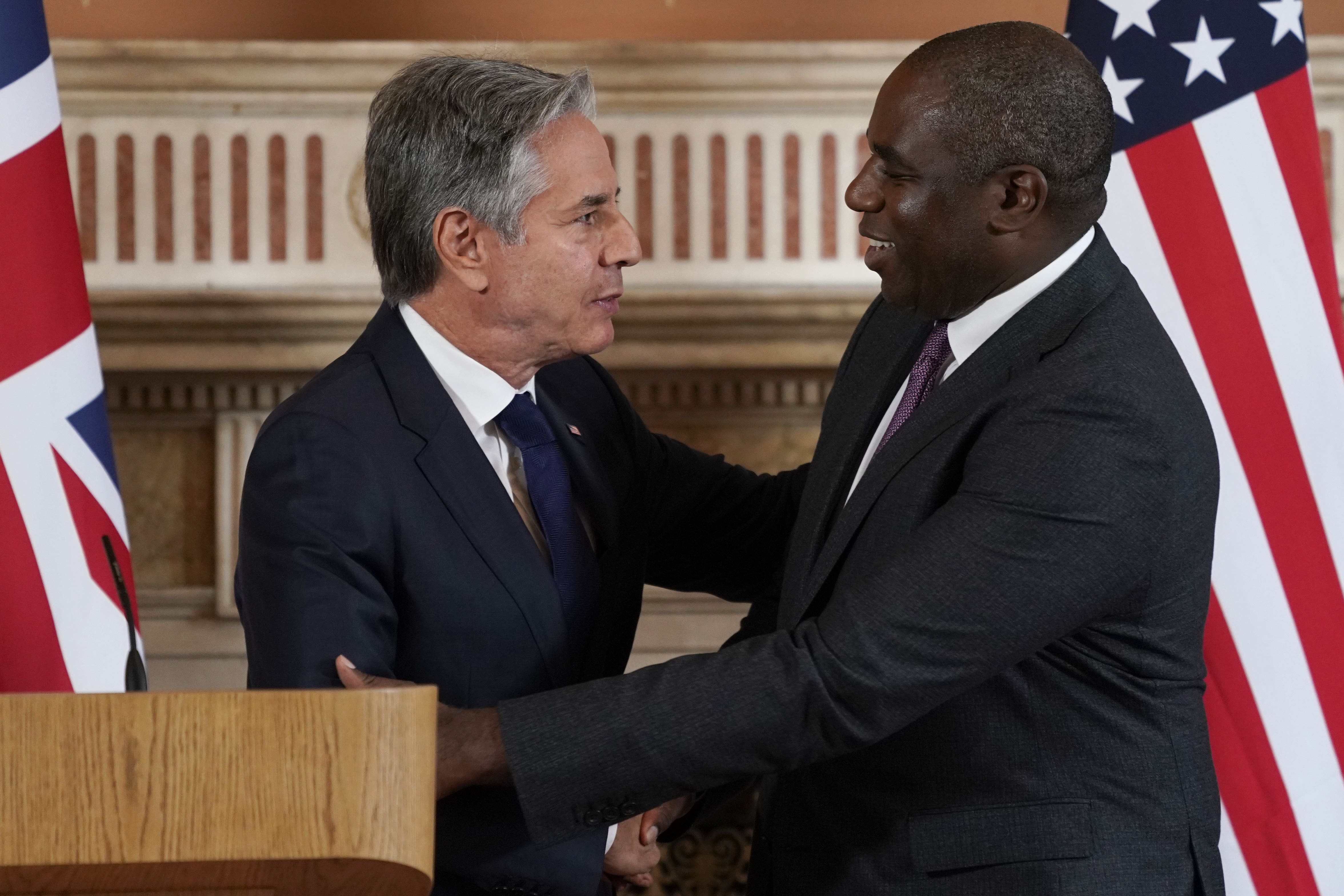 US secretary of state Antony Blinken, left, and British foreign secretary David Lammy were speaking at a joint press conference in London