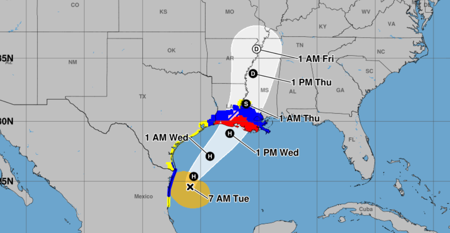 A map shows the forecast path of Tropical Storm Francine. The cyclone is moving north near the Gulf Coast, according to the National Weather Service. The agency says it is forecast to strengthen into a hurricane on Tuesday