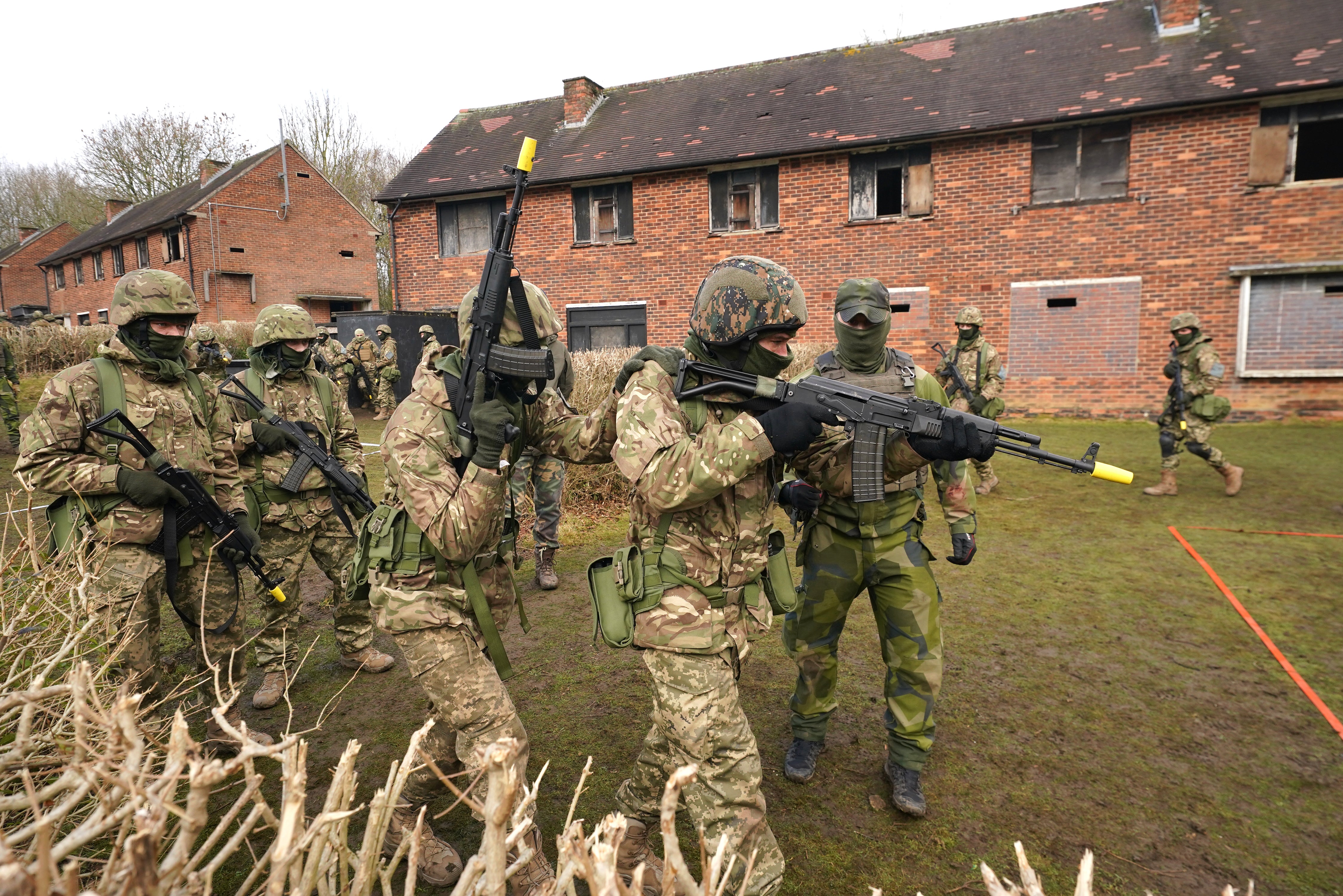 Ukrainian soldiers take part in urban training at a camp in Yorkshire