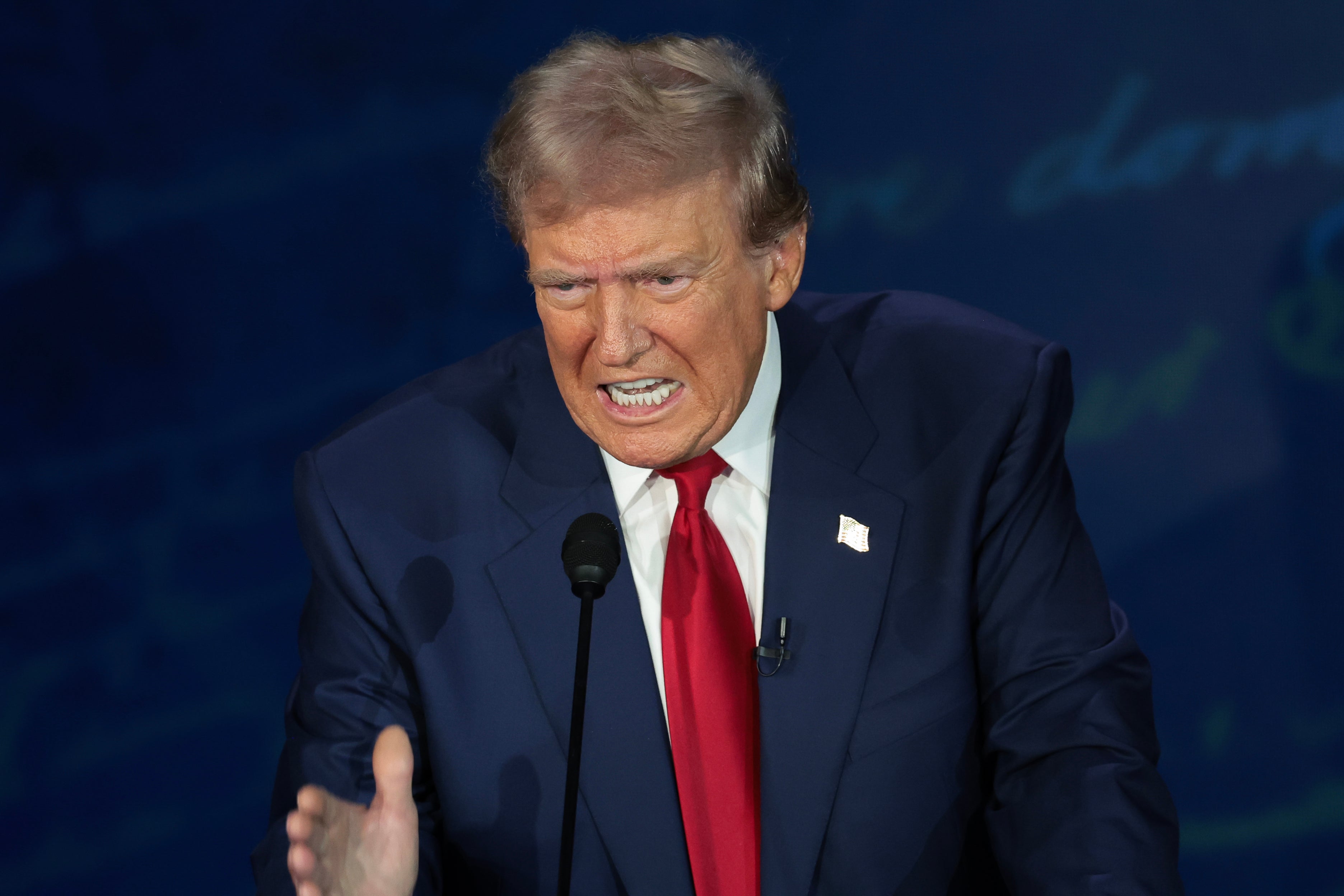 Republican presidential nominee, former U.S. President Donald Trump, debates Democratic presidential nominee, U.S. Vice President Kamala Harris, for the first time during the presidential election campaign at The National Constitution Center on September 10, 2024 in Philadelphia, Pennsylvania