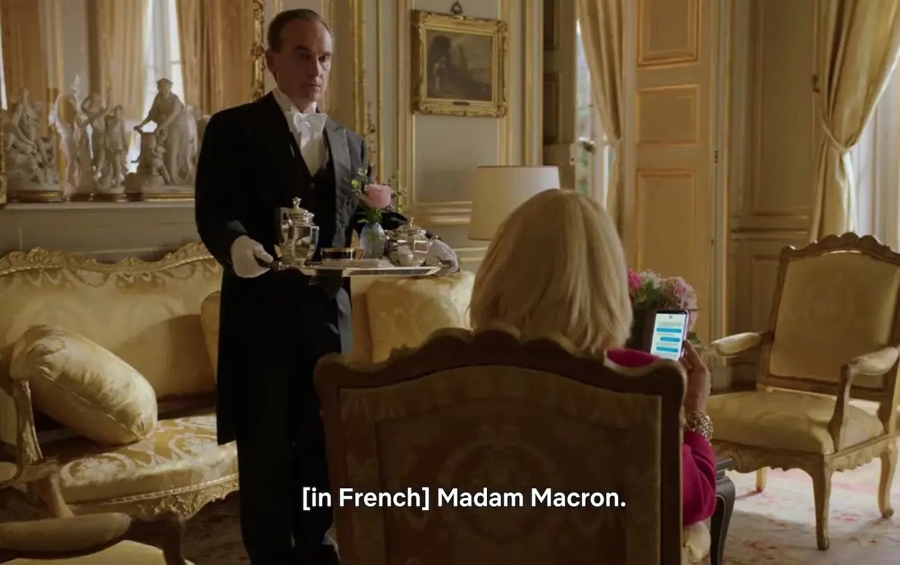 A scene from season one shows Brigitte Macron sharing Emily’s post