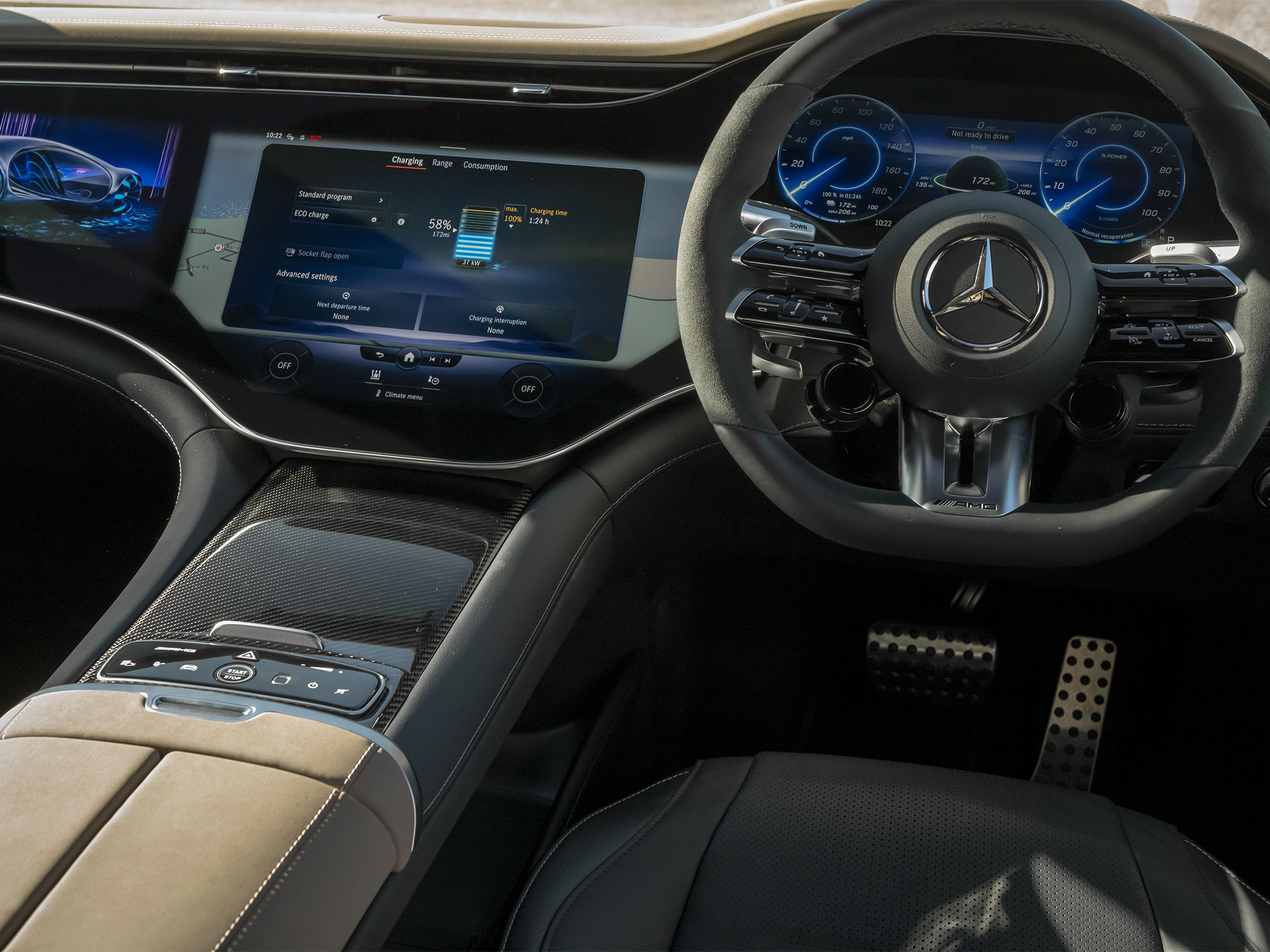 The Mercedes-Benz EQS features the optional Hyperscreen dashboard.