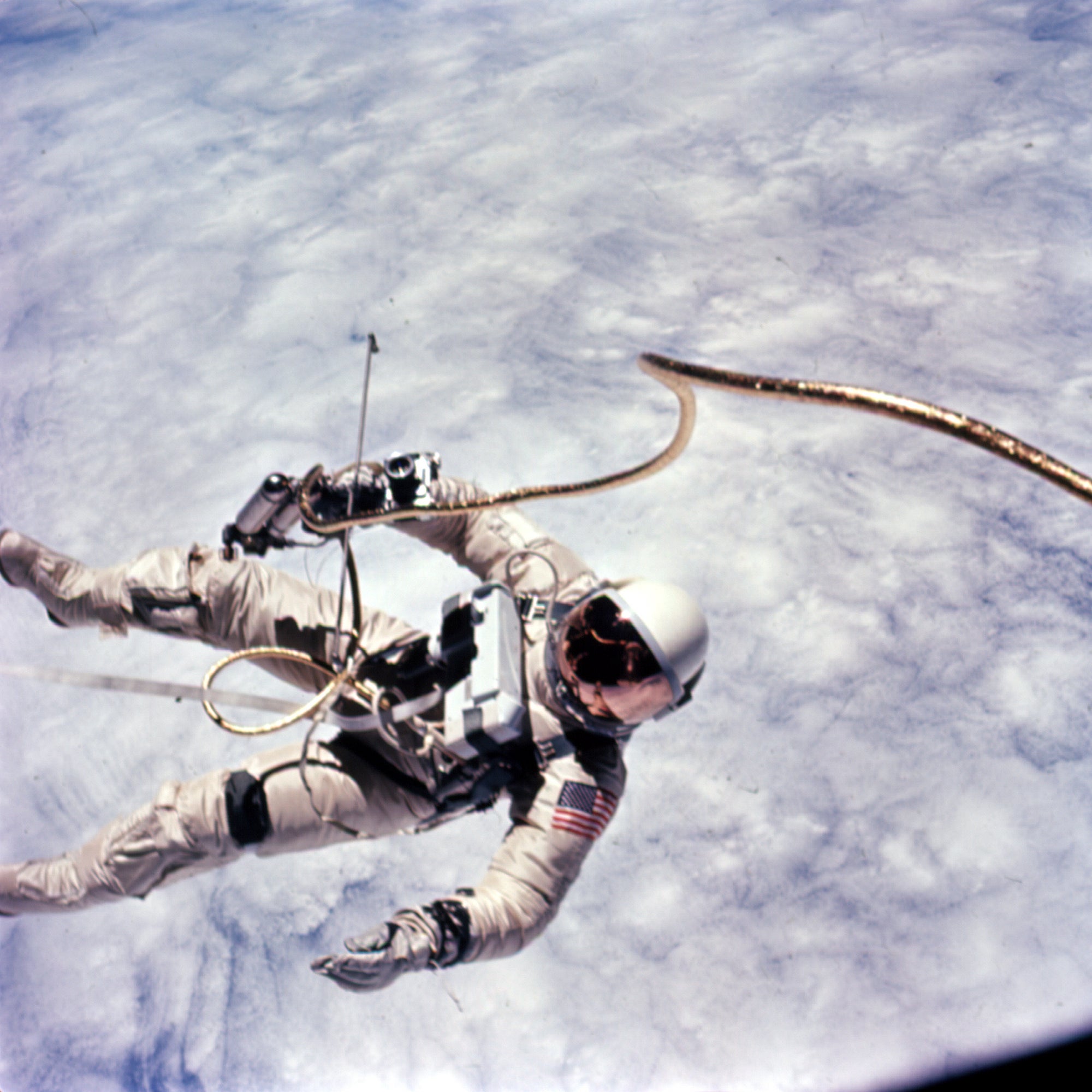 Astronaut Ed White performs the US's first spacewalk on 3 June 1965, during the Gemini 4 mission