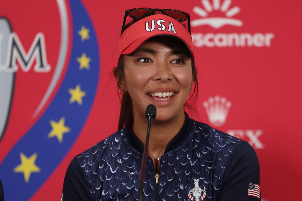 Alison Lee faces the media at Robert Trent Jones Golf Club, in Gainesville, Virginia, this week