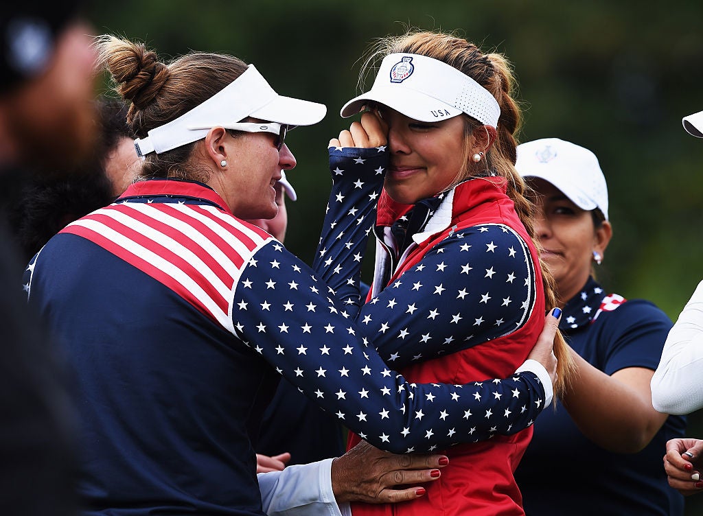 Team USA’s Alison Lee cries shortly after losing the 17th hole to Europe in controversial circumstances at St Leon-Rot Golf Club, Germany in 2015