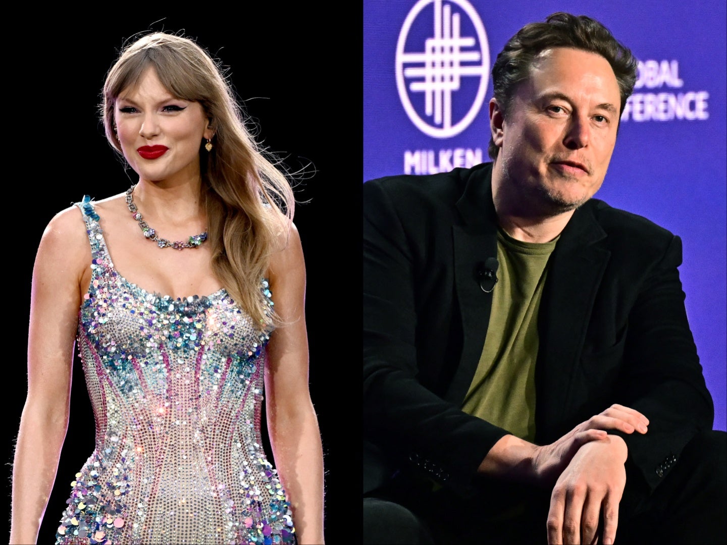 Musk’s daughter has slammed the tech billionaire (right) for the ‘sexist’ post he wrote about Taylor Swift (left) after she backed Kamala Harris for president