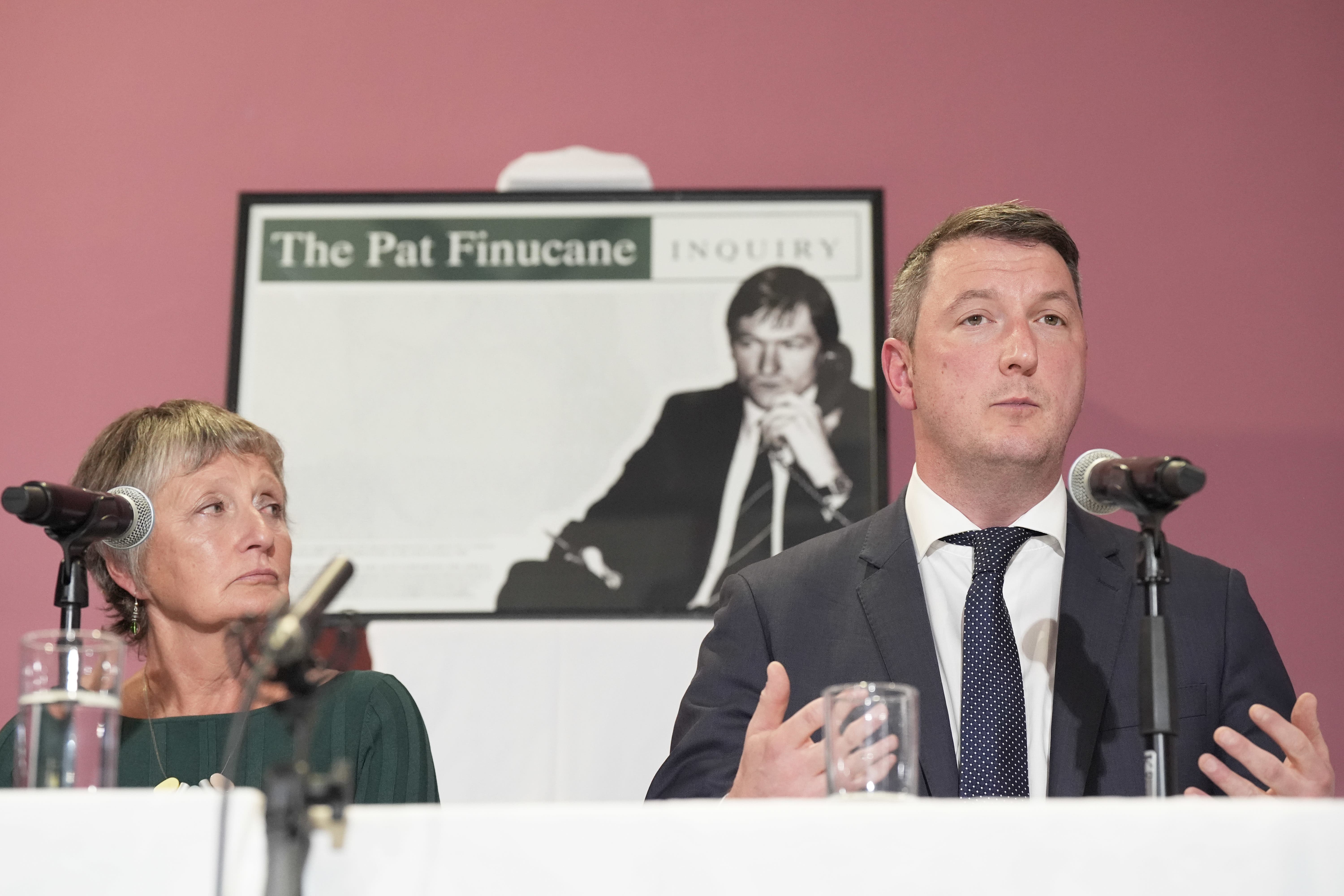 Geraldine Finucane, the widow of murdered Belfast solicitor Pat Finucane, with her son John Finucane, during a press conference at St Comgall’s – Ionad Eileen Howell centre in Belfast (Niall Carson/PA)