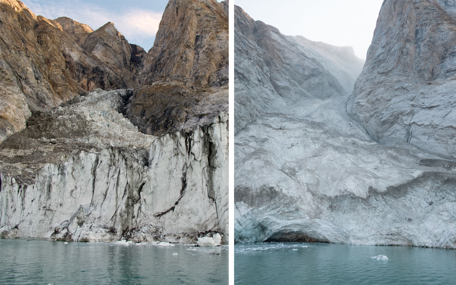 From left: before (August 2023) and after (September 2023) photos of the mountain peak and glacier, taken from the fjord