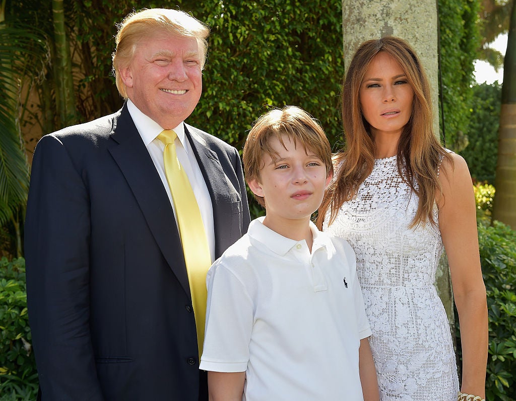 The former first lady says her son, who was 10 at the time, was bullied following the rumor (Melania, Donald and Barron Trump in 2015)