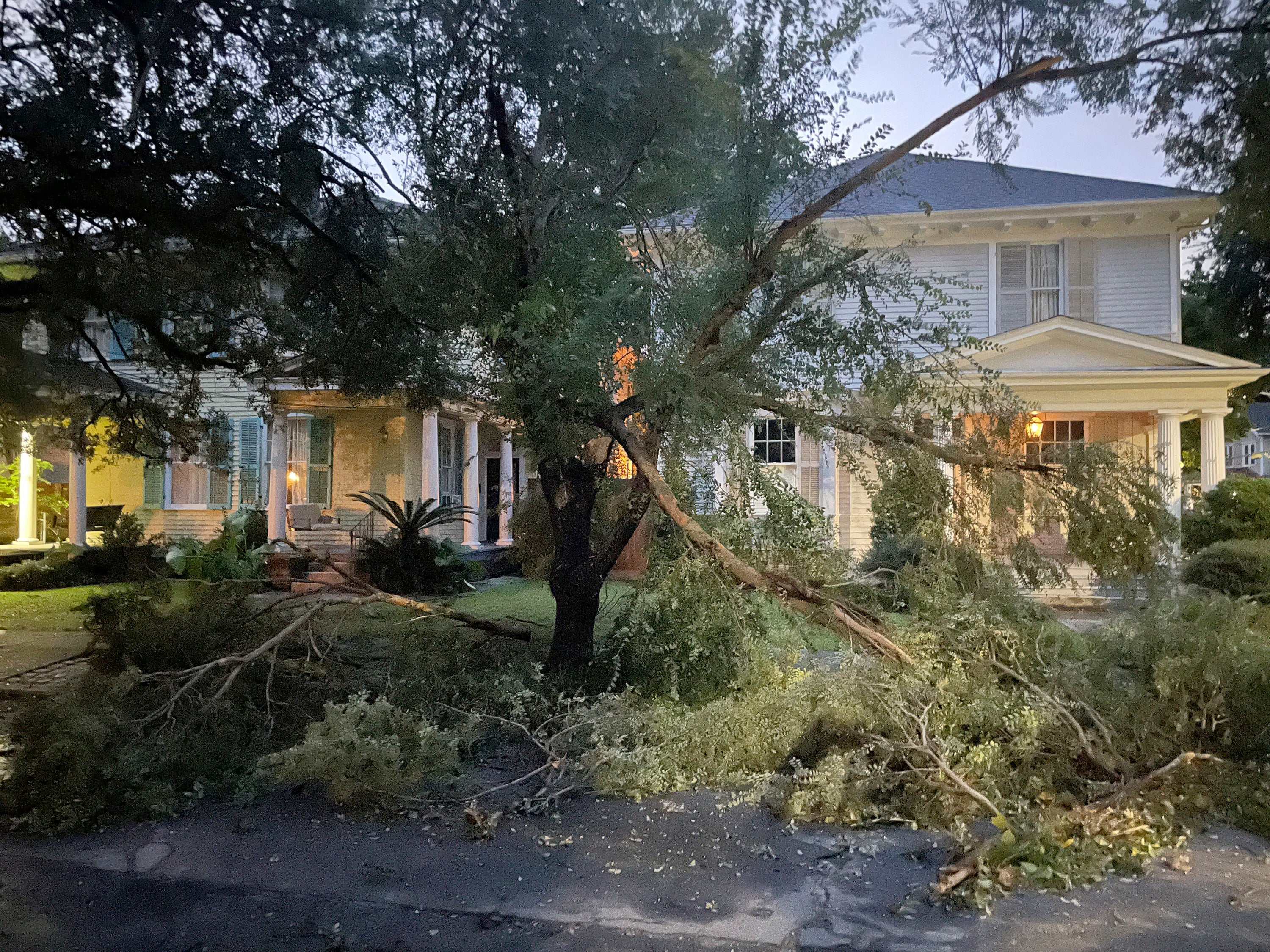 A fallen tree blocks a street in a New Orleans neighborhood on Thursday. Multiple trees were knocked over in the storm and major power outages remained. Utilities were working to restore power.