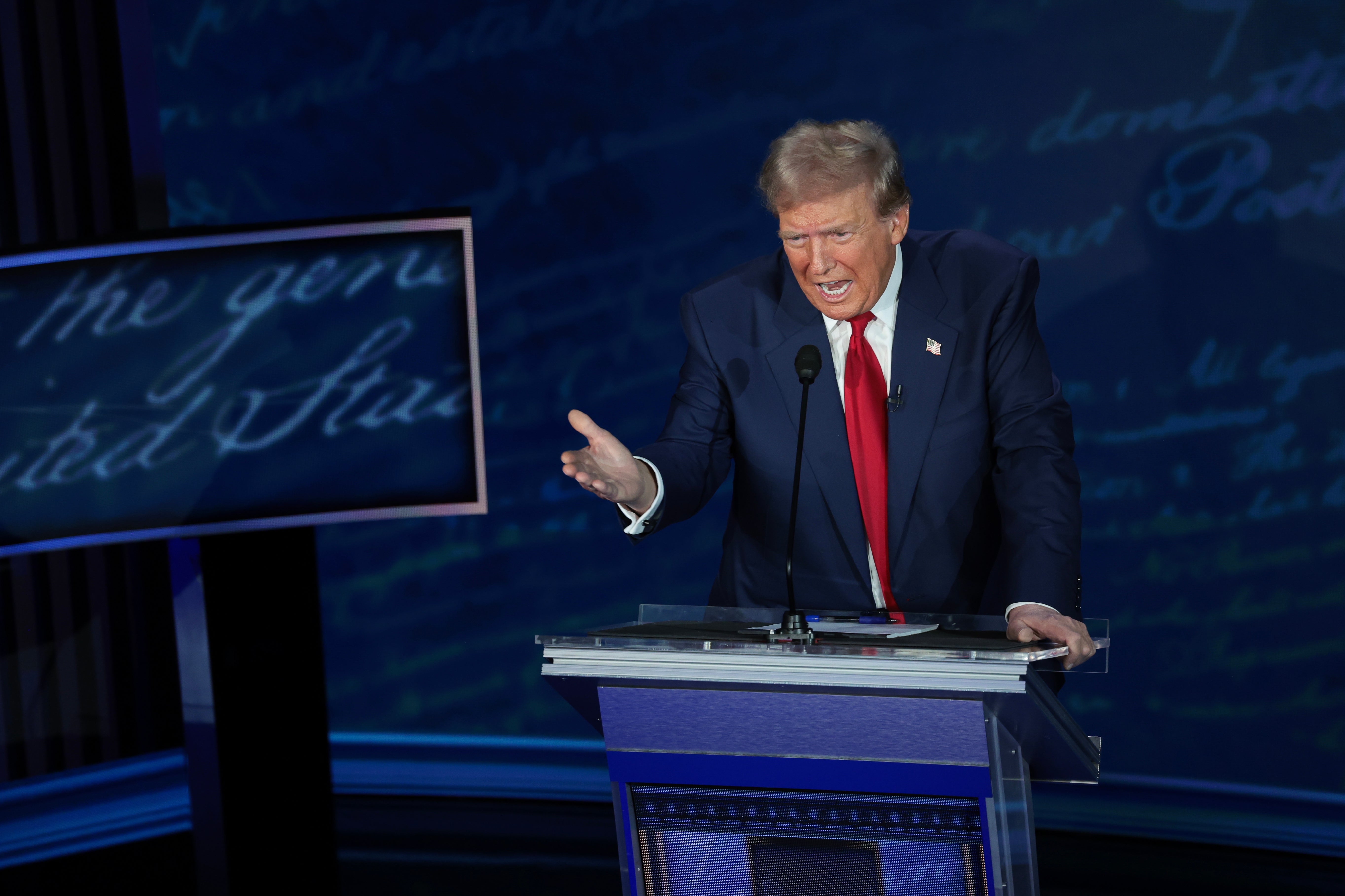 Former president retold the false story on the debate stage (pictured) despite it being debunked by police one day earlier