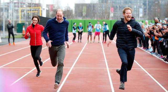 <p>The then-Duke and Duchess of Cambridge and Prince Harry taking part in a race at the Queen Elizabeth Olympic Park to promote their mental health campaign Heads Together in 2017 (Alastair Grant/PA)</p>