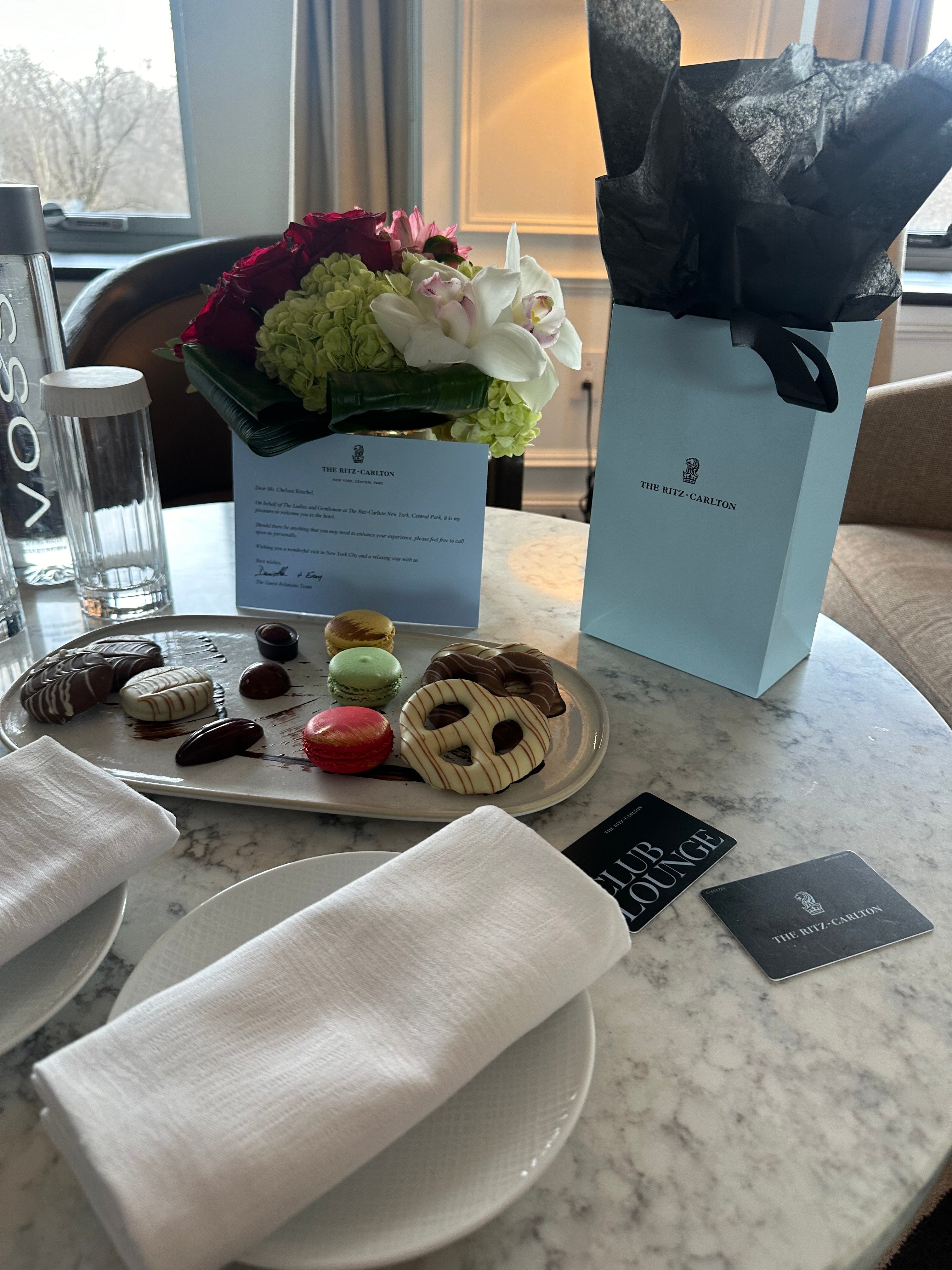 A plate of chocolate and a personalized note made my staycation at the Ritz-Carlton Central Park feel even more luxurious