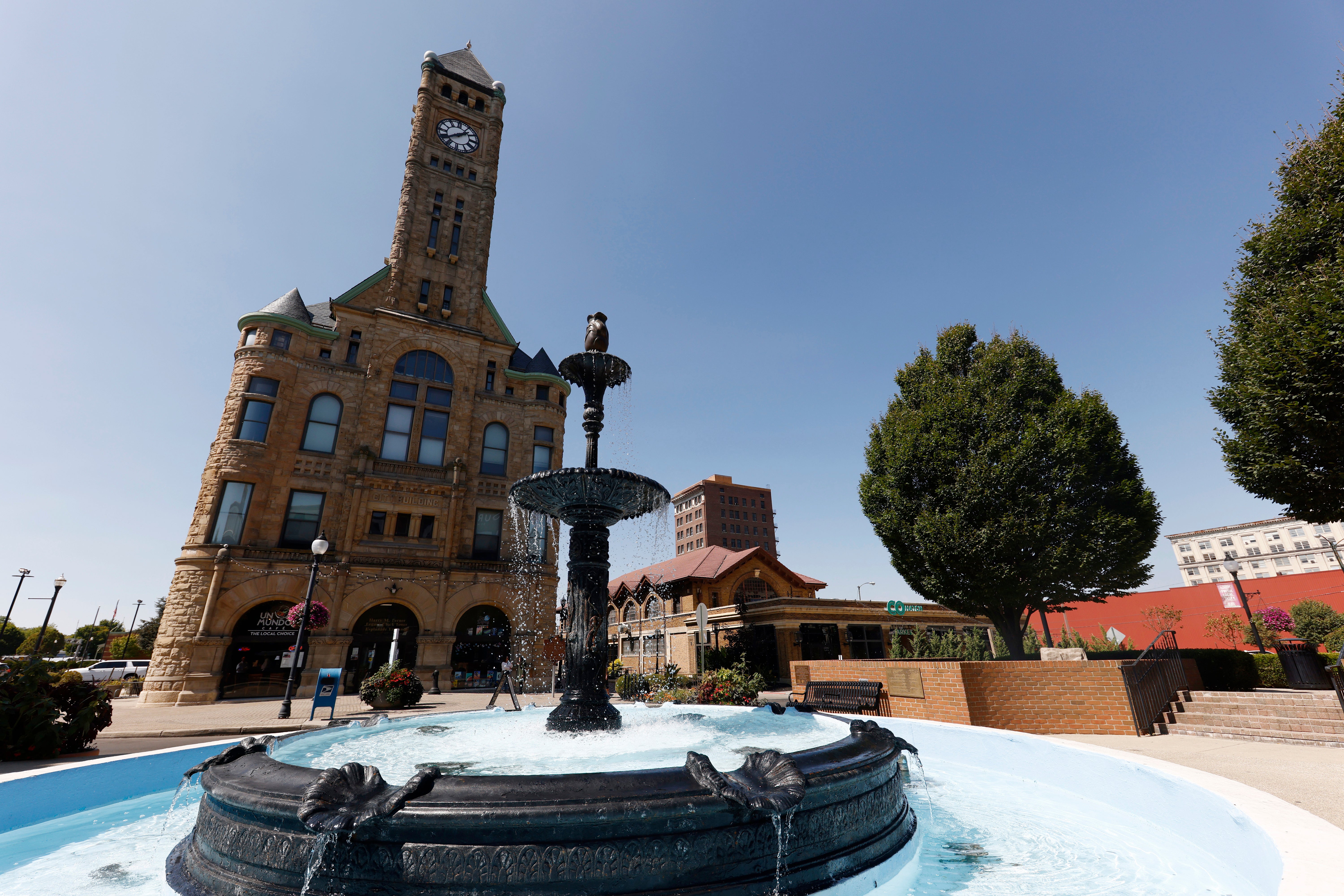 Water flows through the fountain in Fountain Square in Springfield, Ohio, Wednesday, Sept. 11, 2024