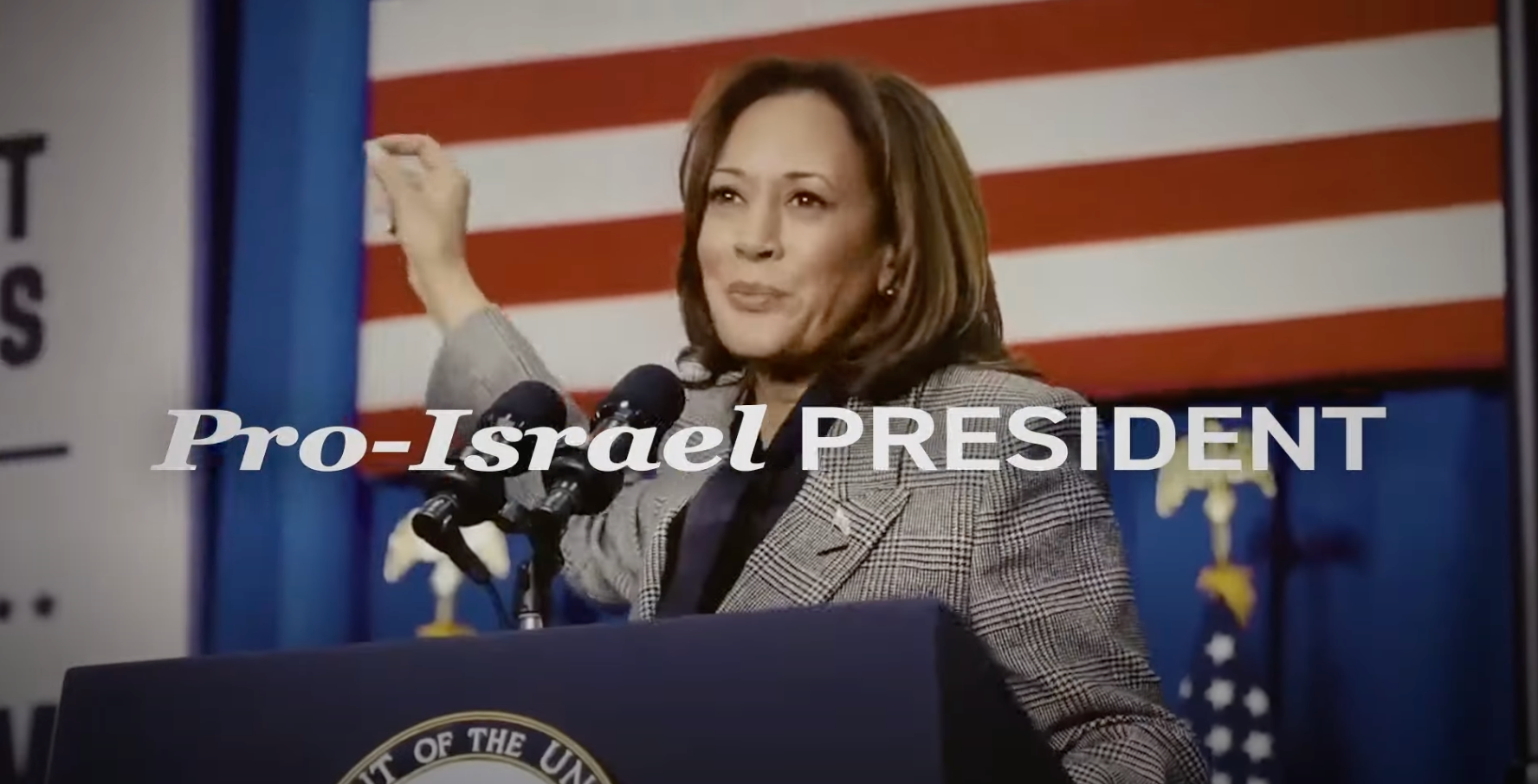 An image from one of the Future Coalition PAC’s advertisements that ran in Michigan depicts Harris as a “pro-Israel president”