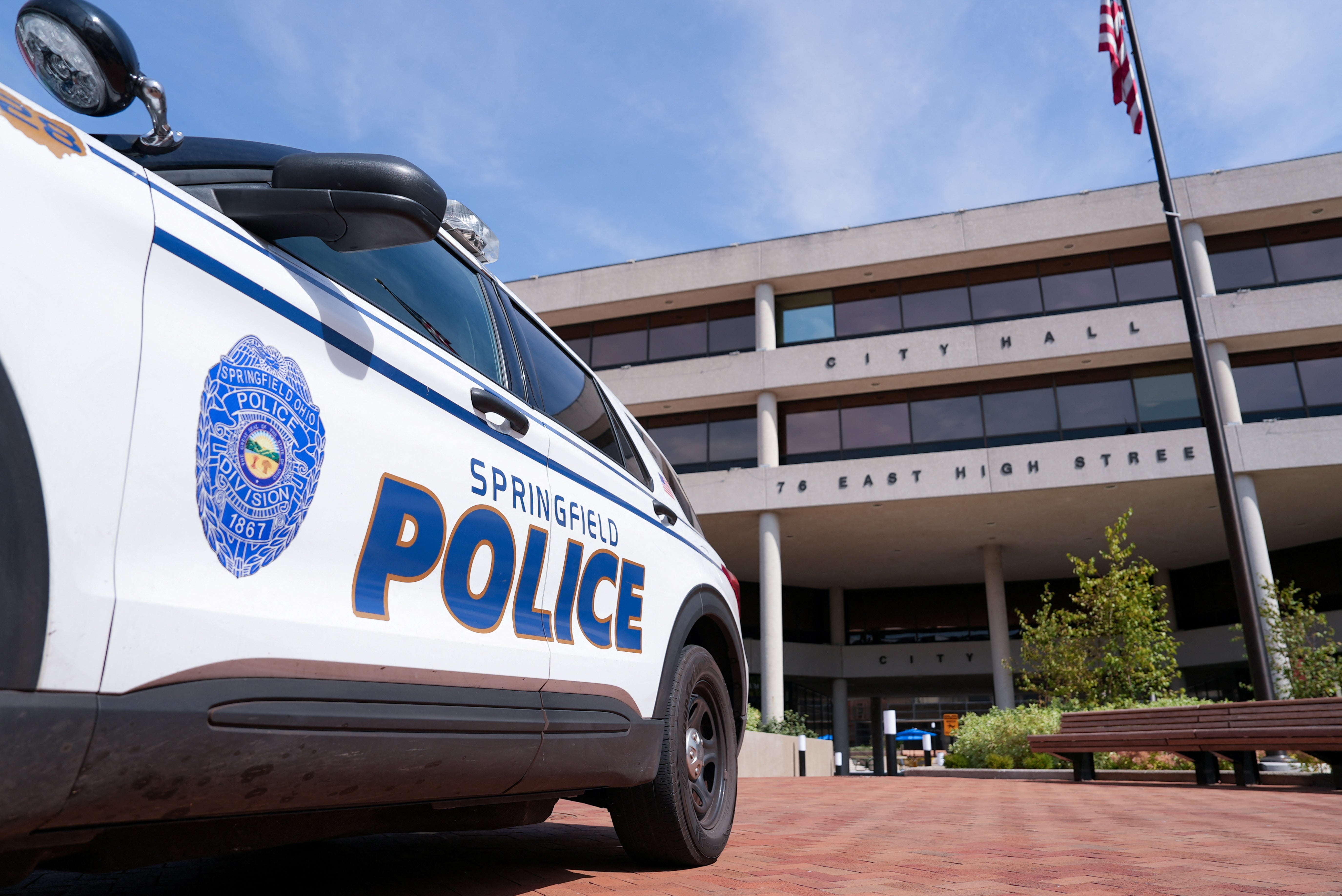 A police car sits outside Ohio City Hall which, according to the city government, received a bomb threat and was evacuated Thursday morning, in Springfield, Ohio, U.S., September 12, 2024