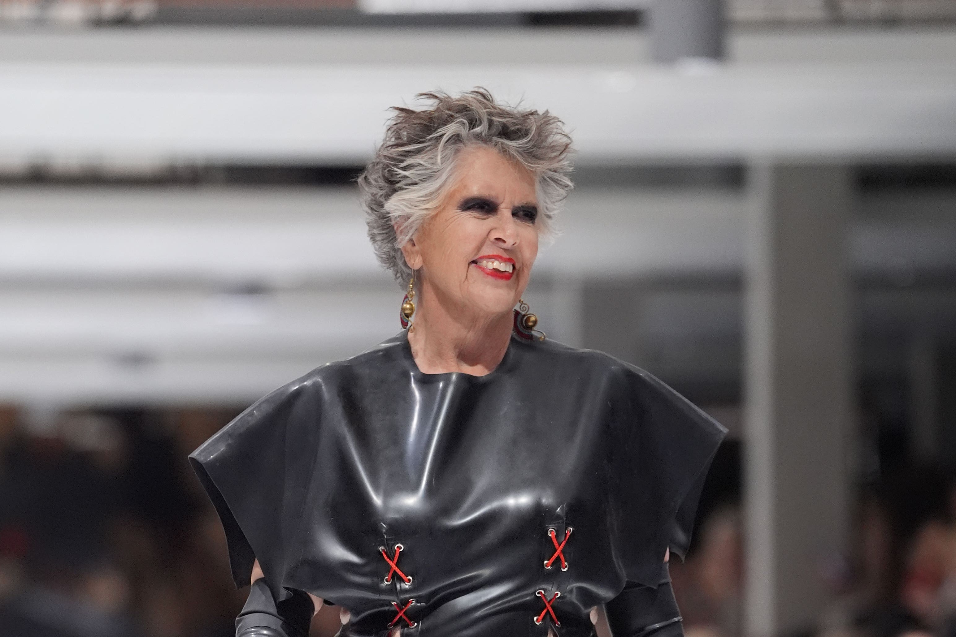 Dame Prue Leith strutted in skin tight latex at London Fashion Week (Ian West/PA)