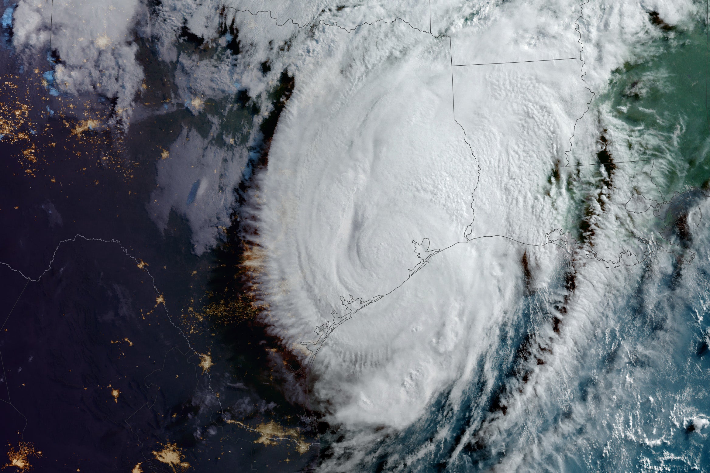 A satellite image shows Hurricane Beryl over Texas. The storm made landfall on July 8, 2024, near Matagorda, Texas. It moved north toward Houston, dumping up to eight inches of rain over the metro area. Local authorities reported downed trees, flooding, and power outages.