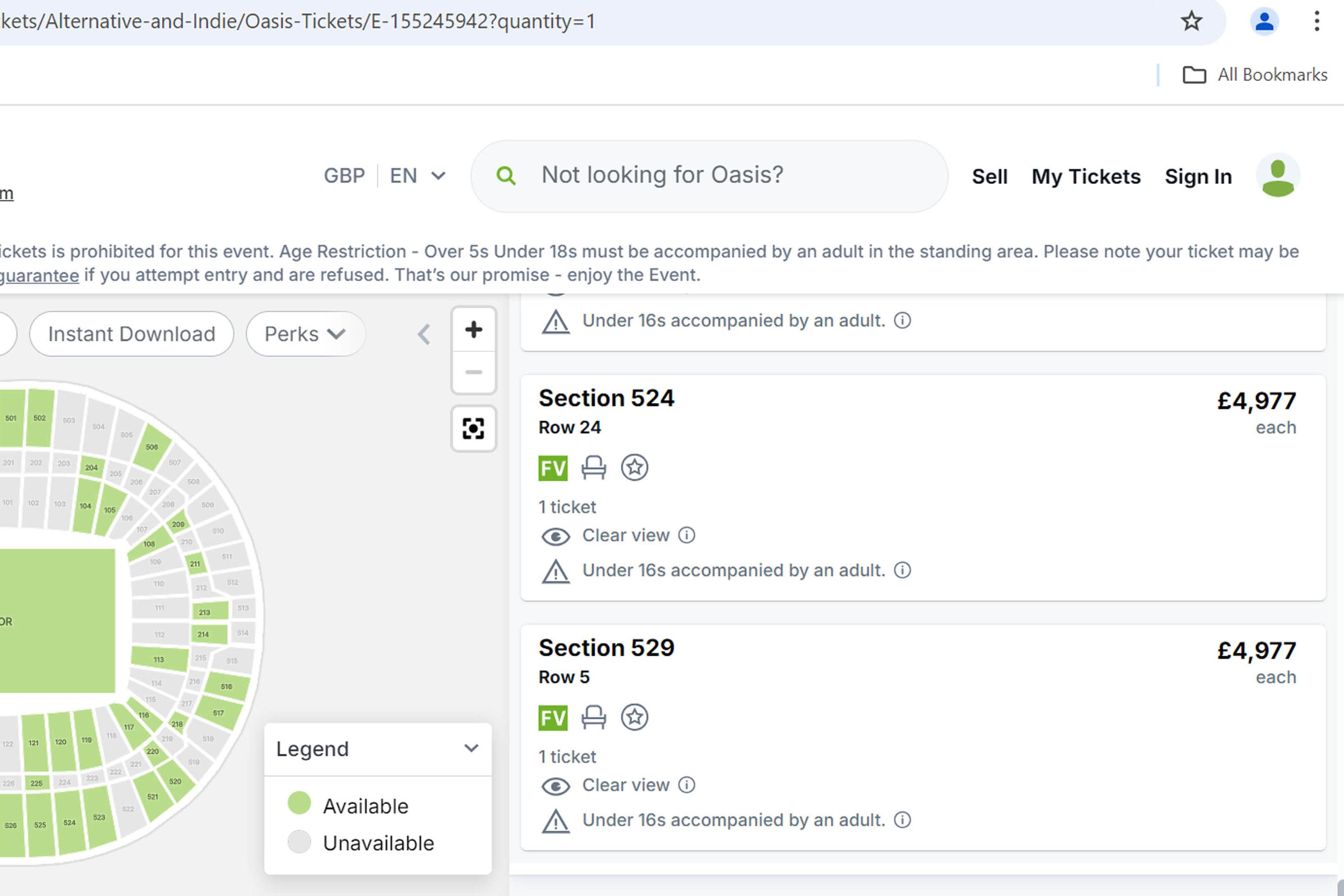 Screengrab taken from the Viagogo website of tickets for an Oasis concert at Wembley Stadium, posted for sale on its site (Viagogo)