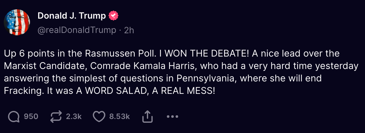 Trump posted about Harris’s interview on his social media platform Truth Social on Saturday morning, writing that it was ‘a world salad, a real mess!’