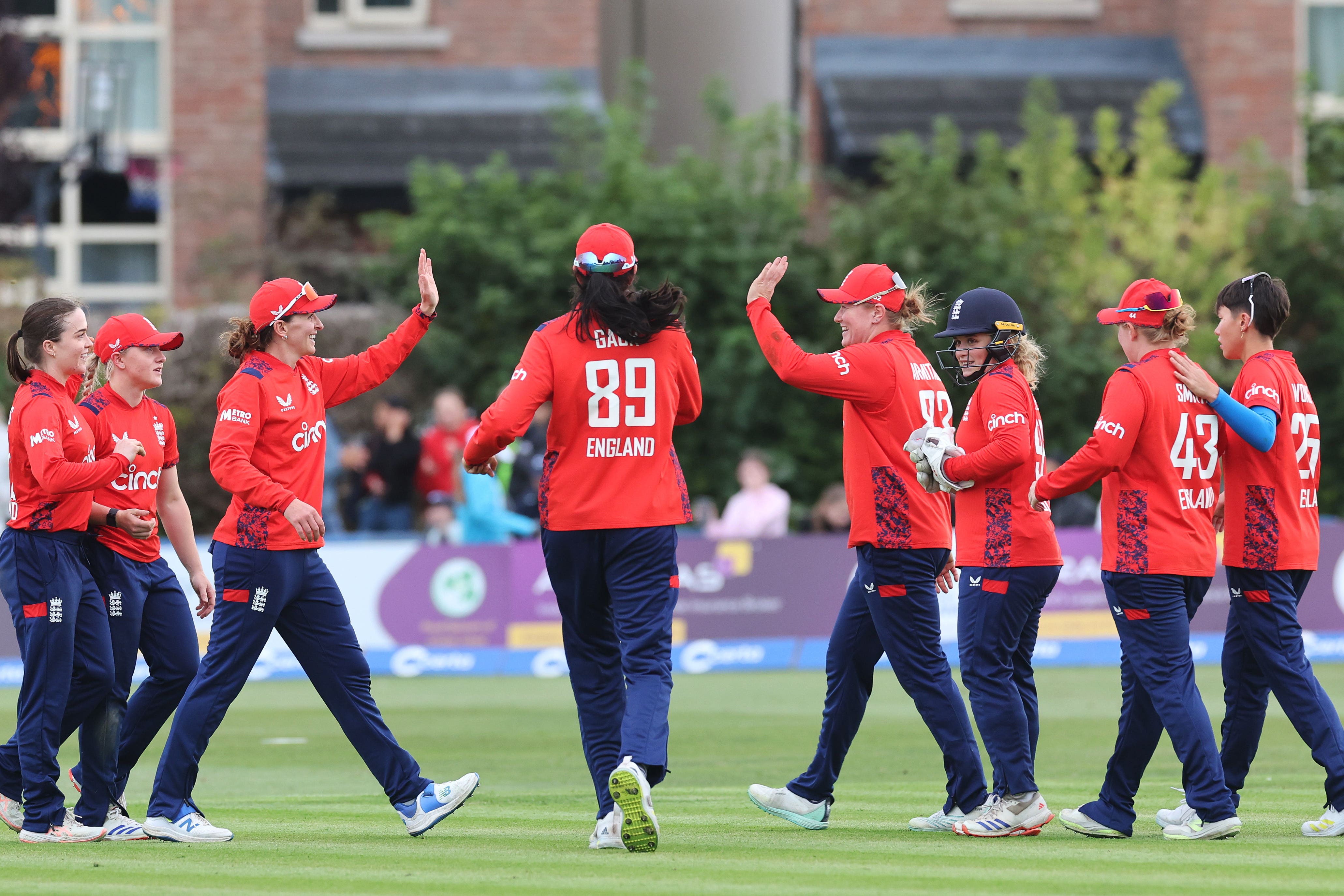 England players celebrate victory over Ireland in their T20 international in Dublin