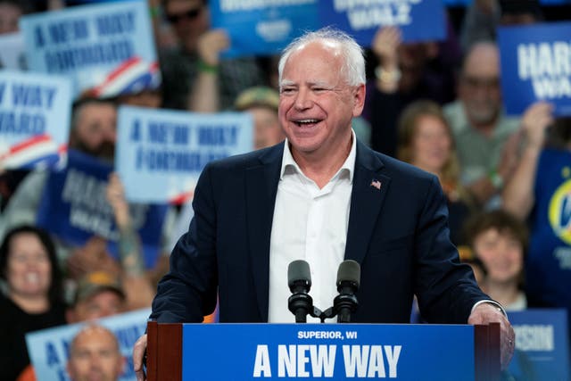 <p>Democratic vice presidential nominee, Minnesota Governor Tim Walz, delivers remarks at an election campaign event in Superior, Wisconsin, on September 14, 2024</p>