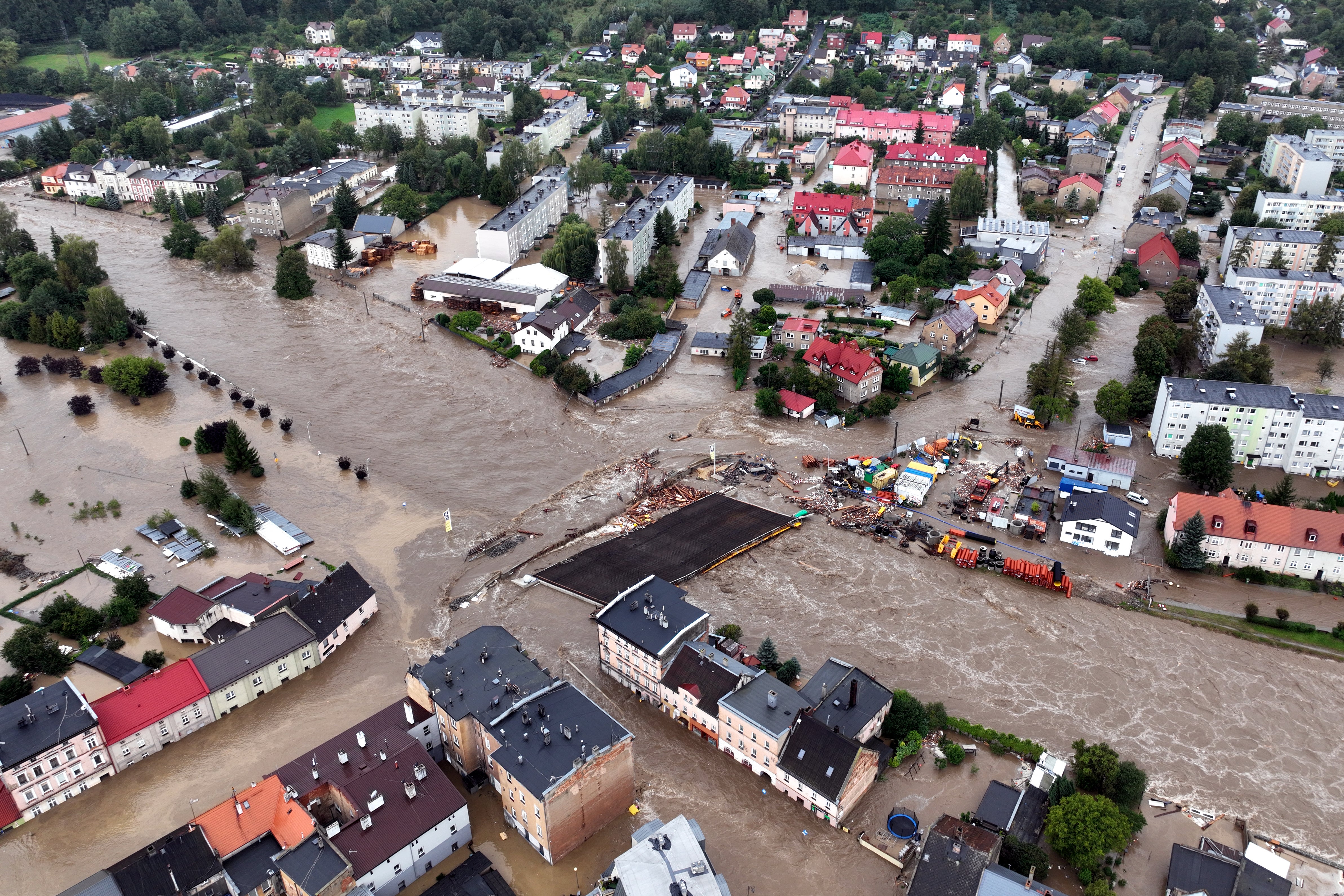 A view of the flooded city center in Glucholazy, southern Poland