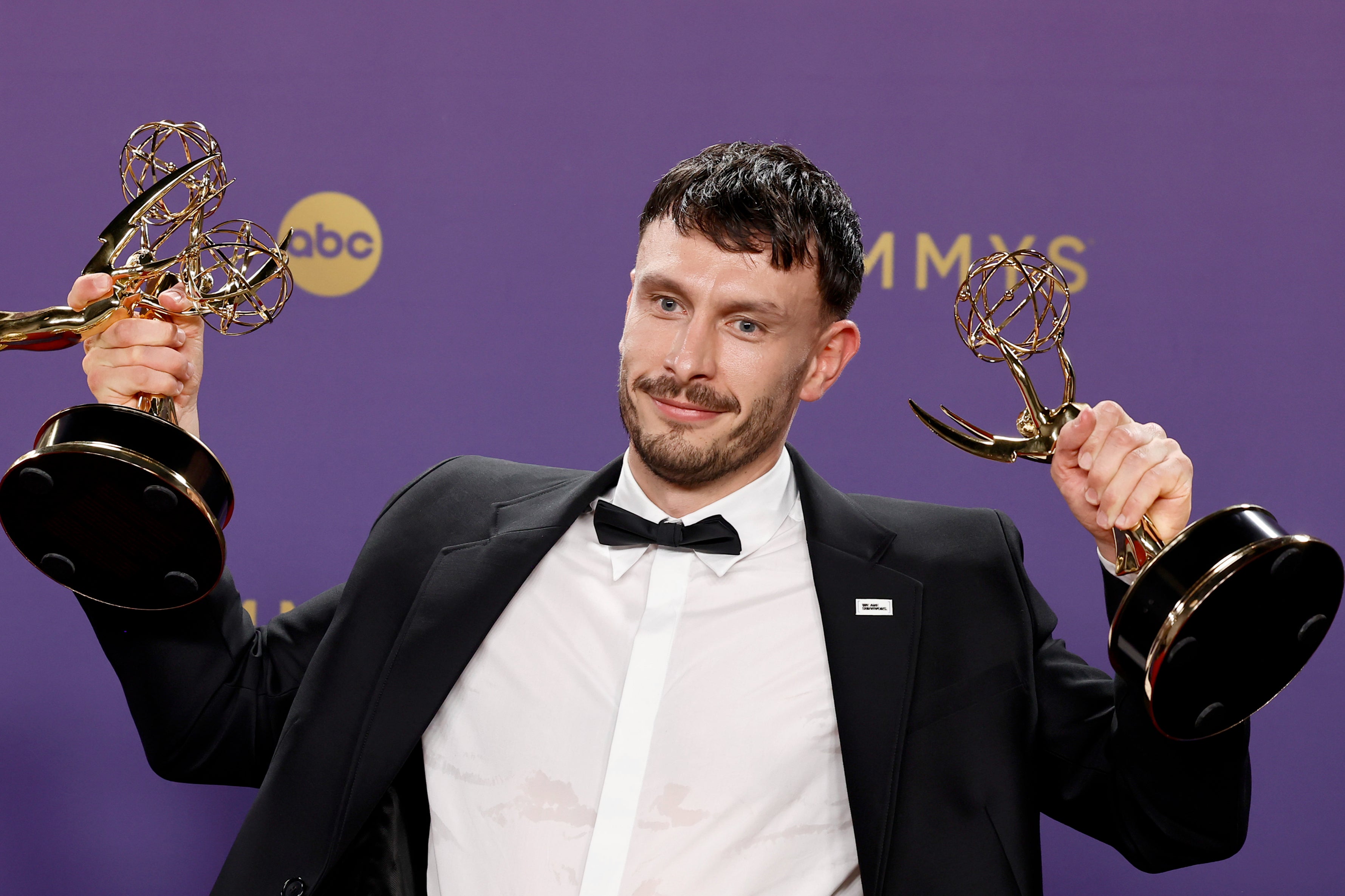 Richard Gadd poses with his three Emmy Awards