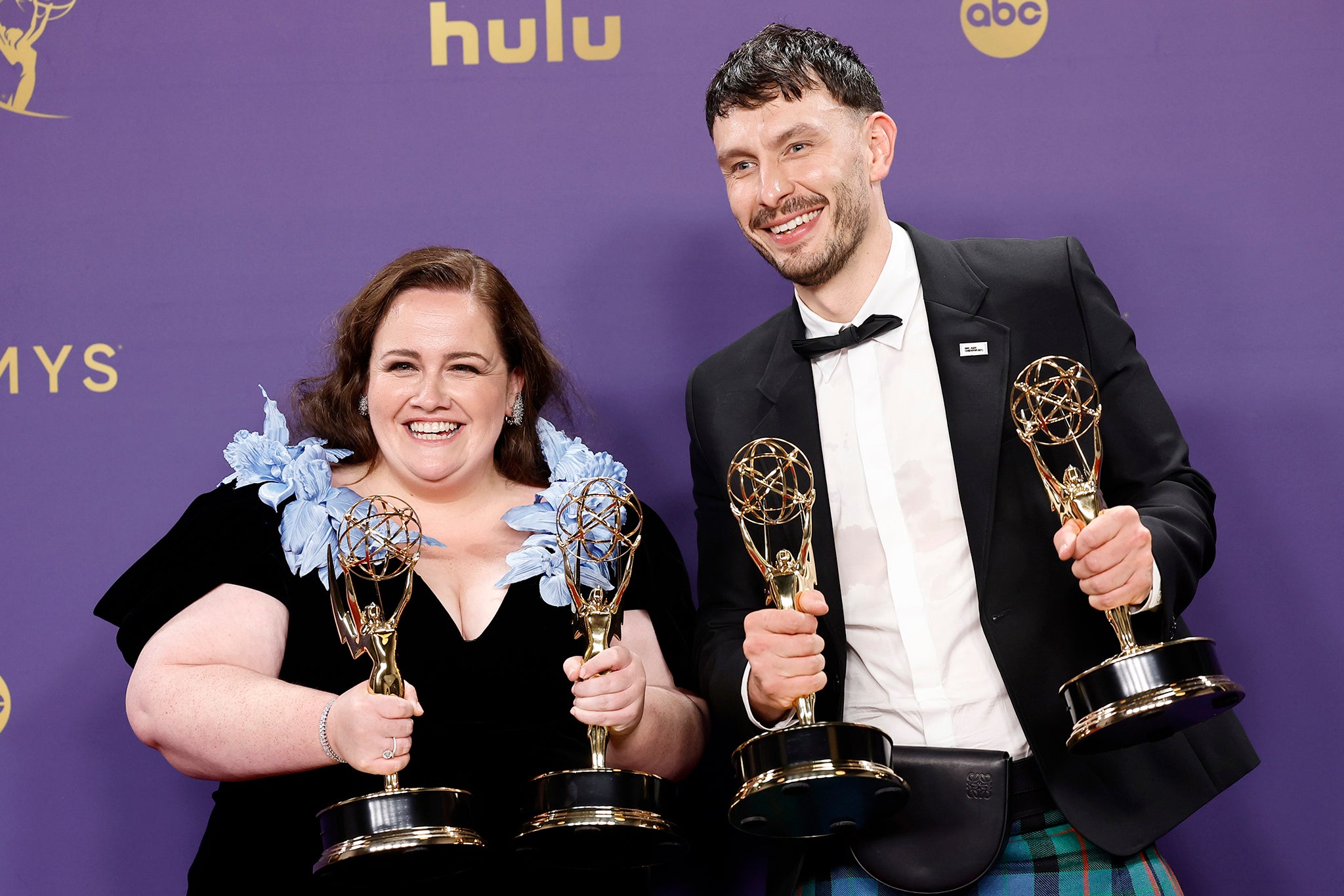 Risk pays off: Jessica Gunning and Richard Gadd with their Emmys for Netflix’s ‘Baby Reindeer’