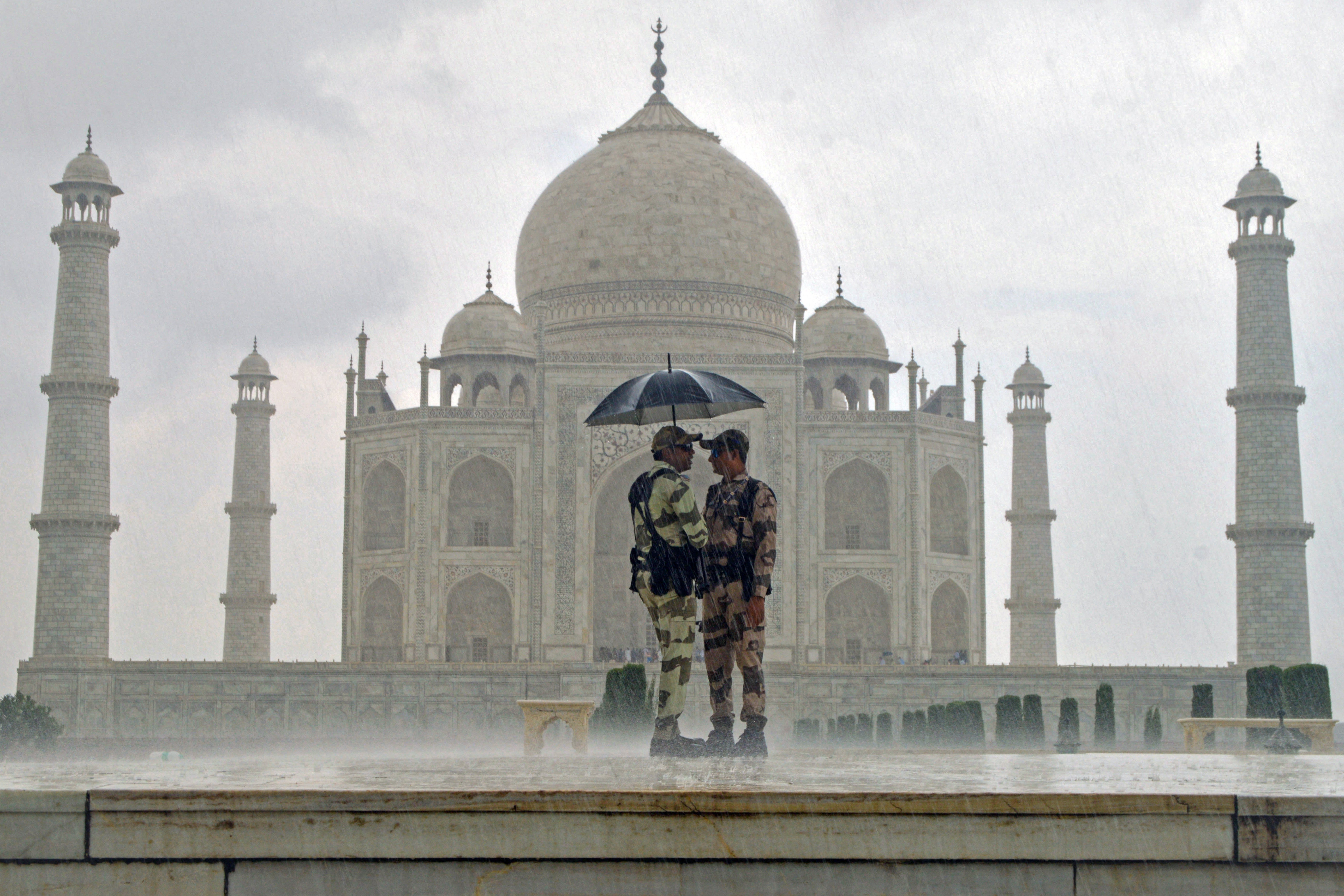 Videos circulating online showed one of the Taj Mahal’s four gardens completely inundated with water