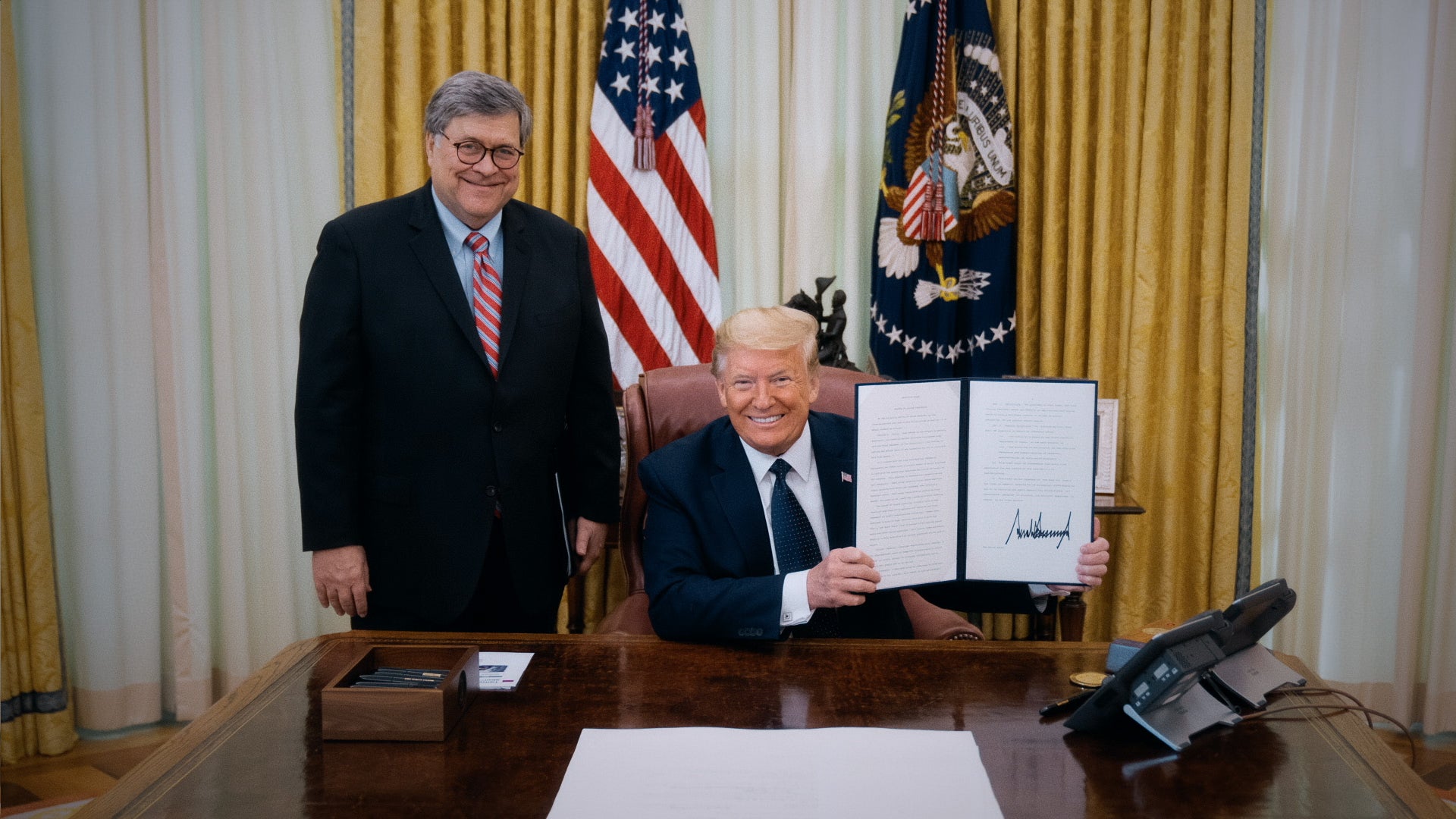 The former attorney general William ‘Bill’ Barr with the former president, whom he tried to steer away from baseless electoral tampering claims in late 2020