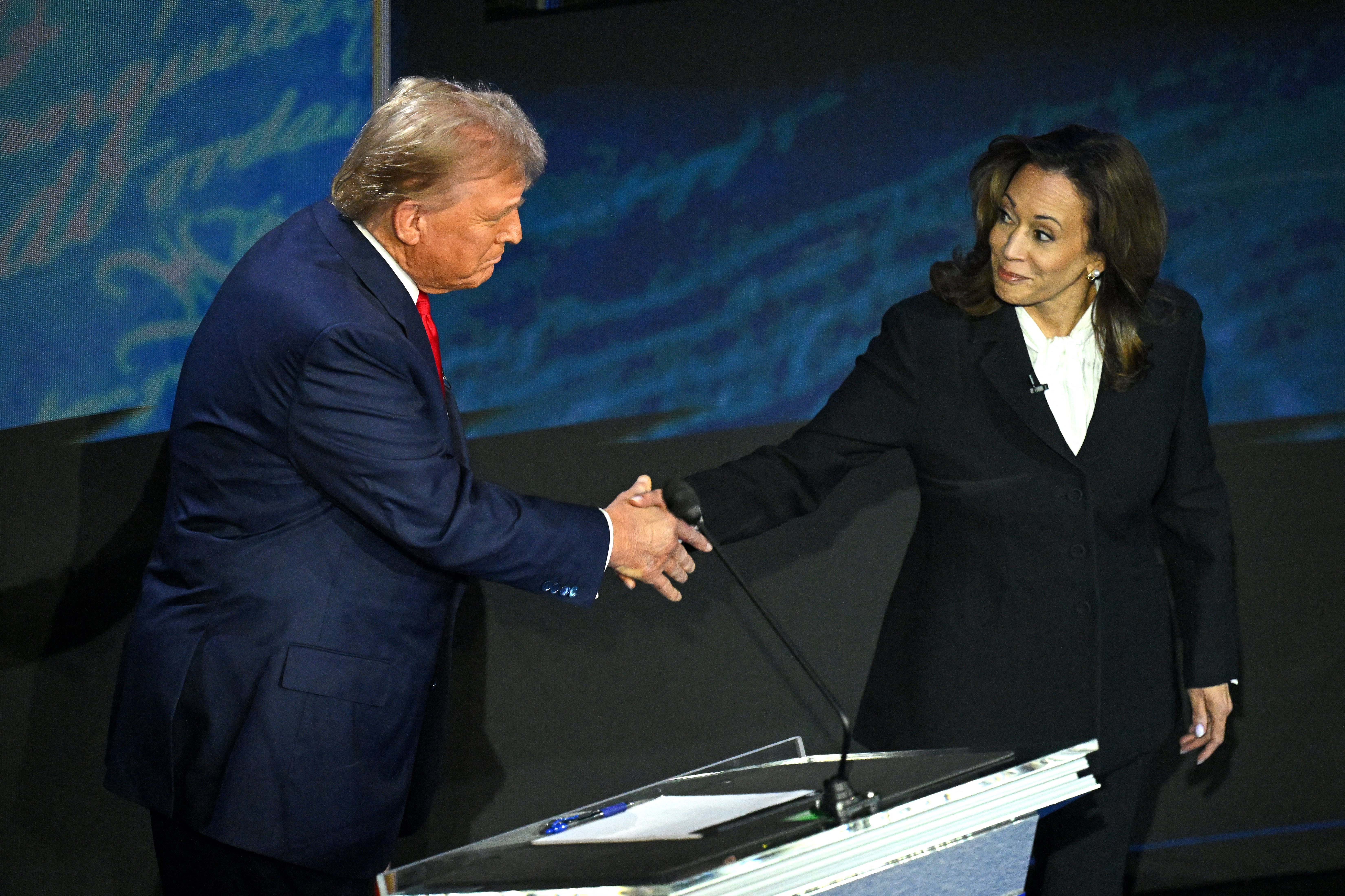 Kamala Harris shakes hands with Donald Trump before the debate on September 10 in Philadelphia