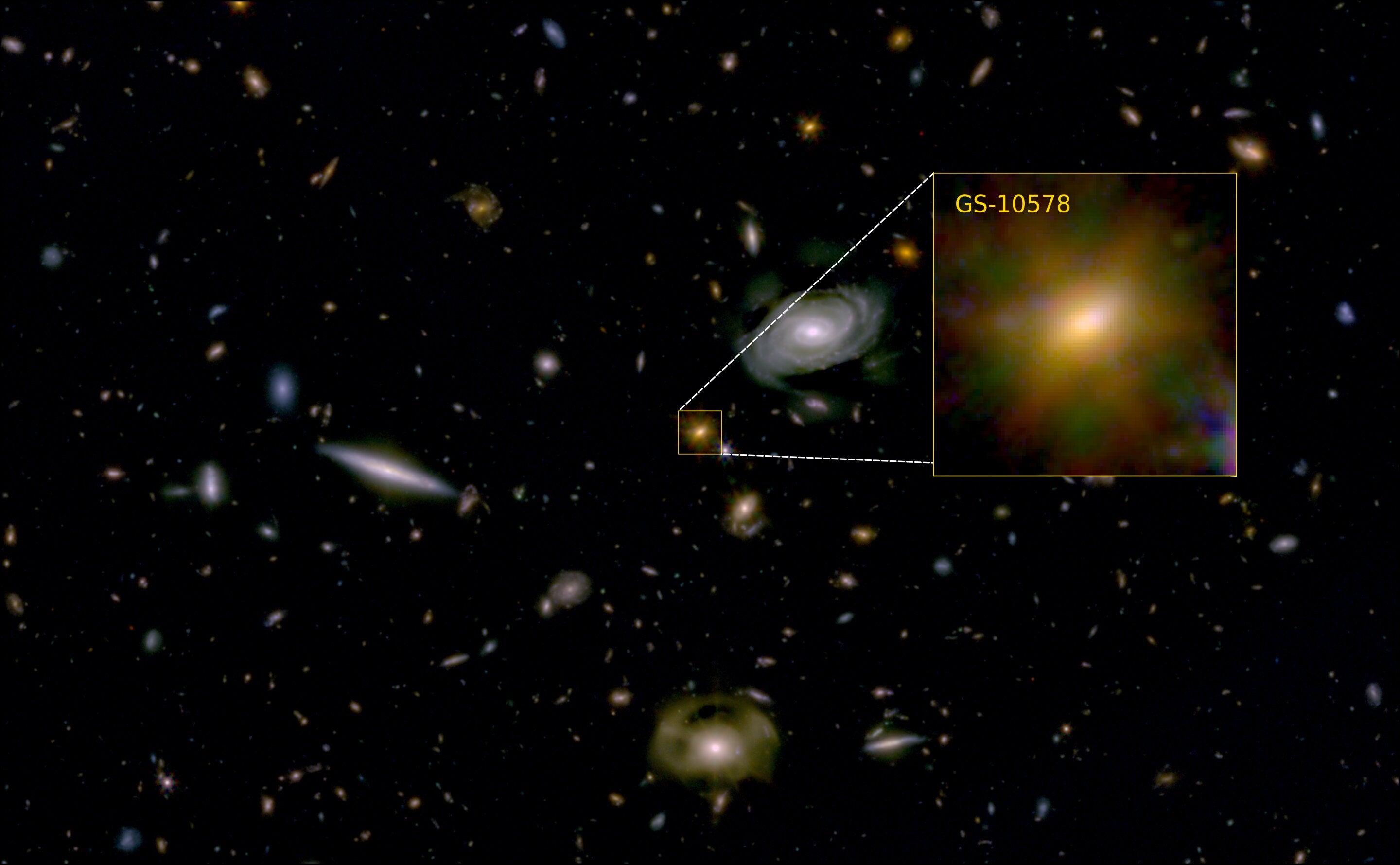 The GS-10578 galaxy, also known as Pablo’s Galaxy, observed through the James Webb Space Telescope