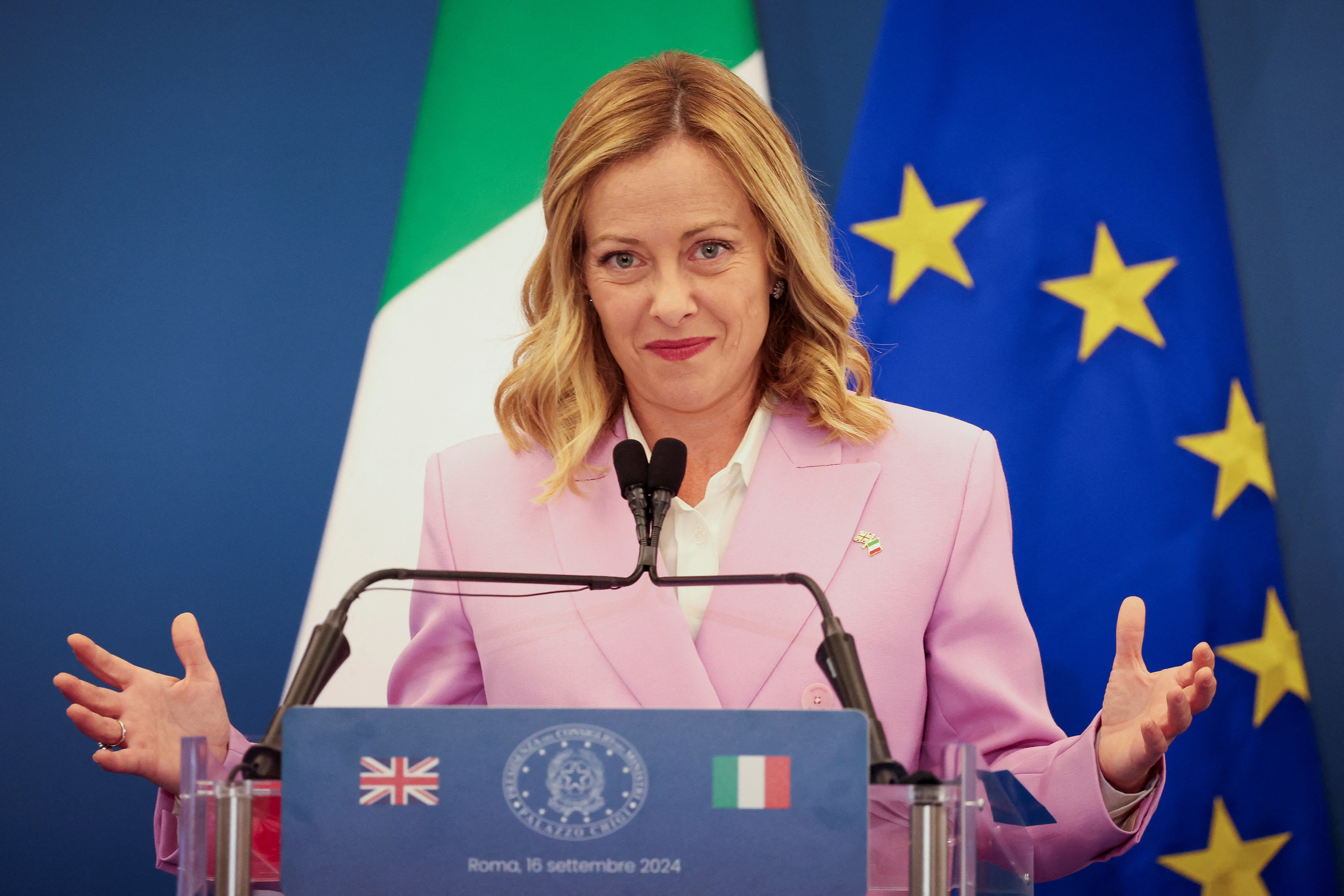 Italian prime minister Giorgia Meloni during her joint press conference with Keir Starmer at Villa Doria Pamphili in Rome