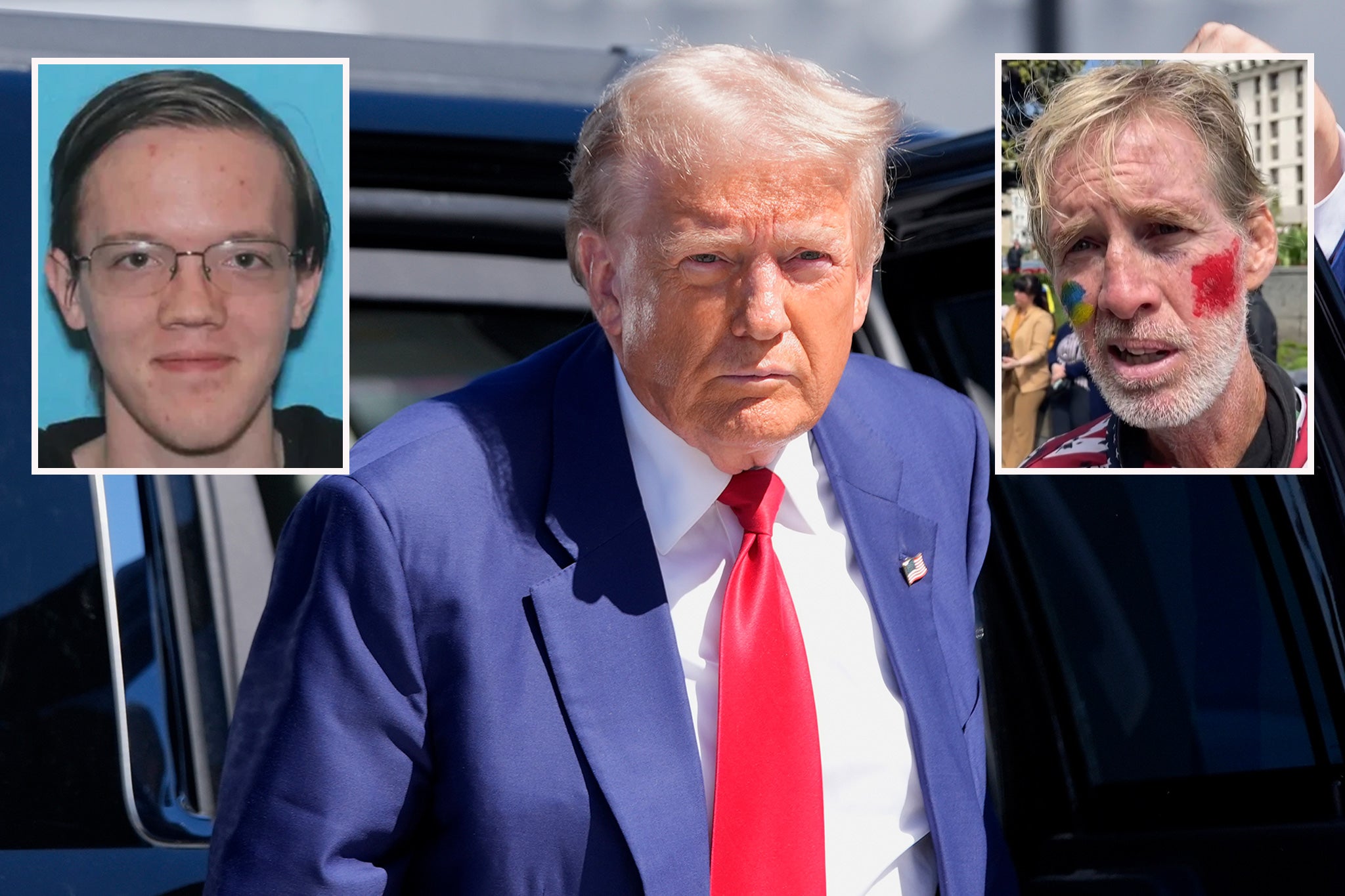 Former president Donald Trump (center) has been the target of two alleged assassination attempts by two suspected shooters (left and right) in two months