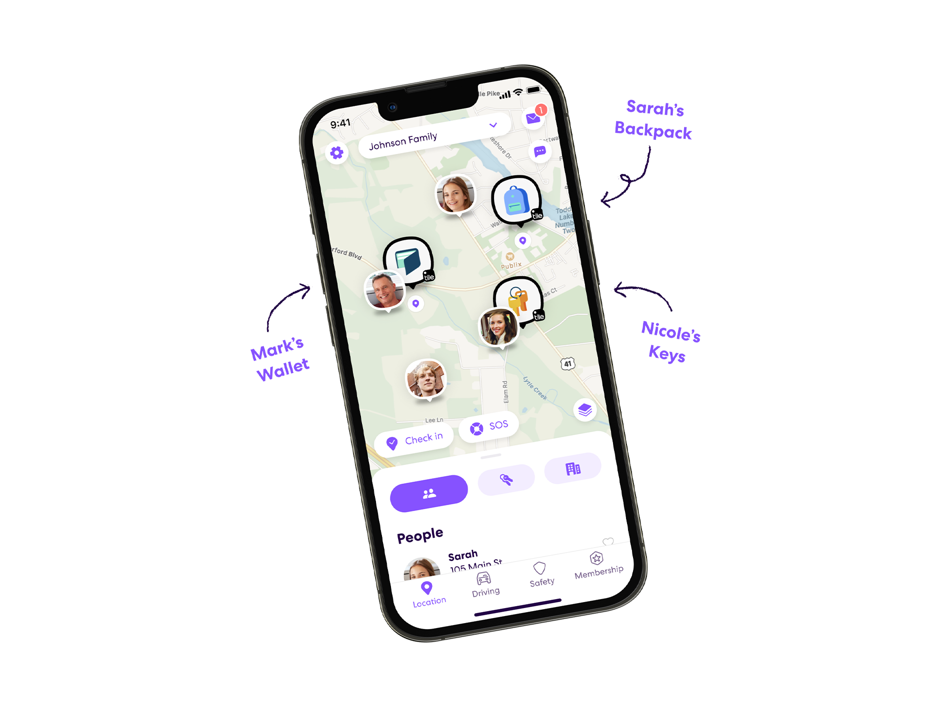 The Tile trackers can be seen on a map inside the Life360 app