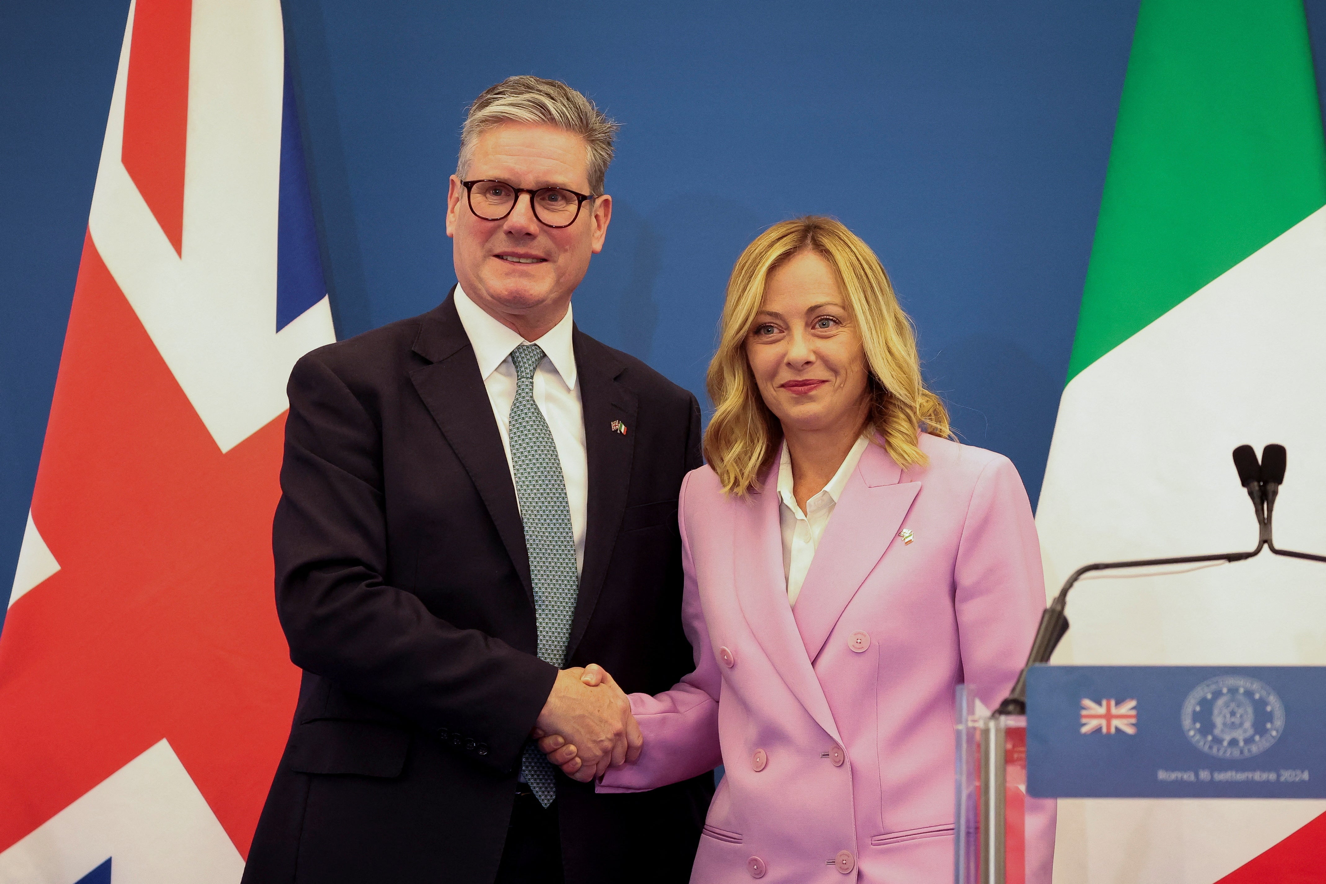 Keir Starmer and Italian prime minister Giorgia Meloni hold a joint press conference in Rome on Monday