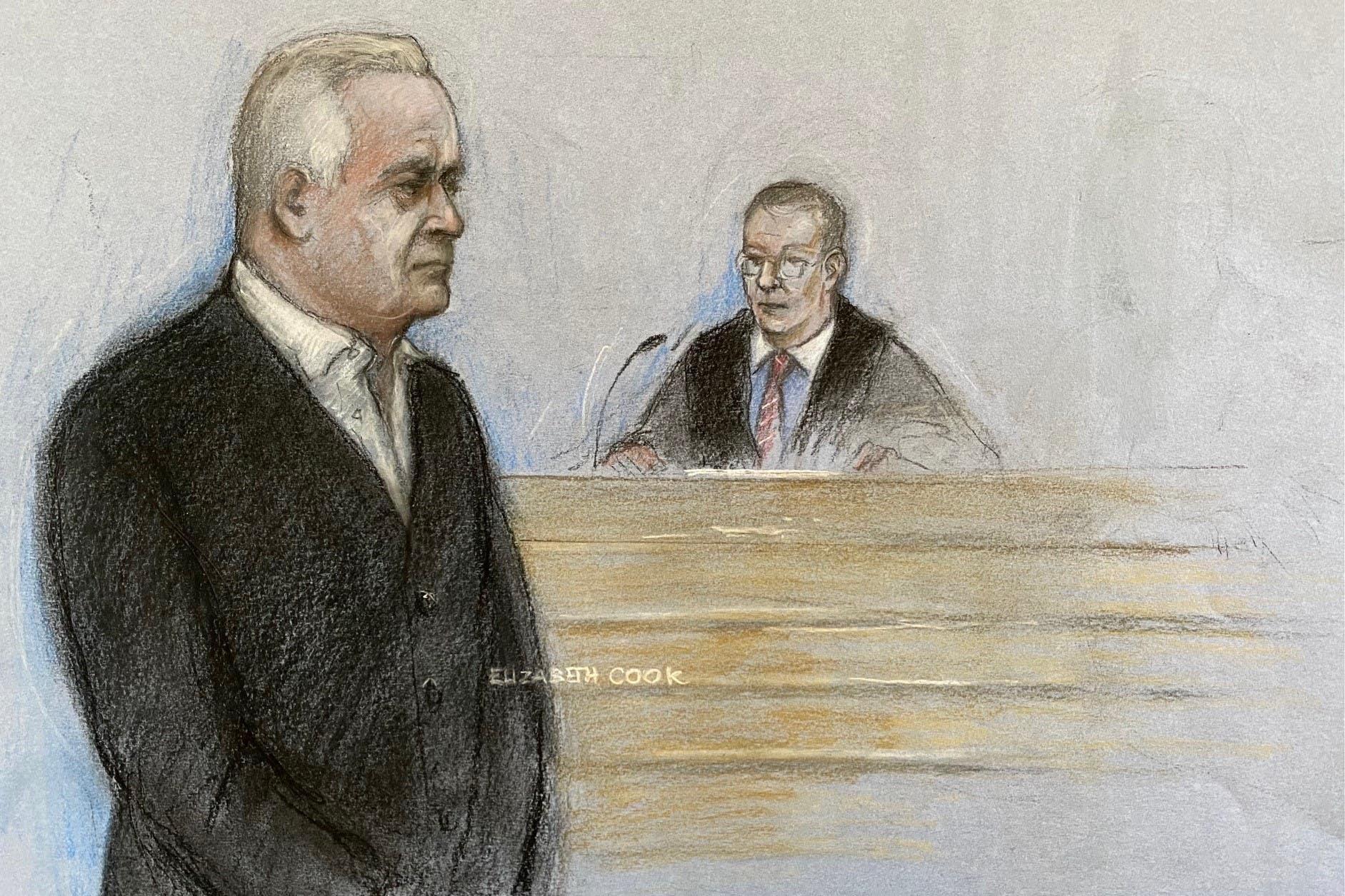 Court artist drawing by Elizabeth Cook of former BBC broadcaster Huw Edwards in the dock at Westminster Magistrates’ Court