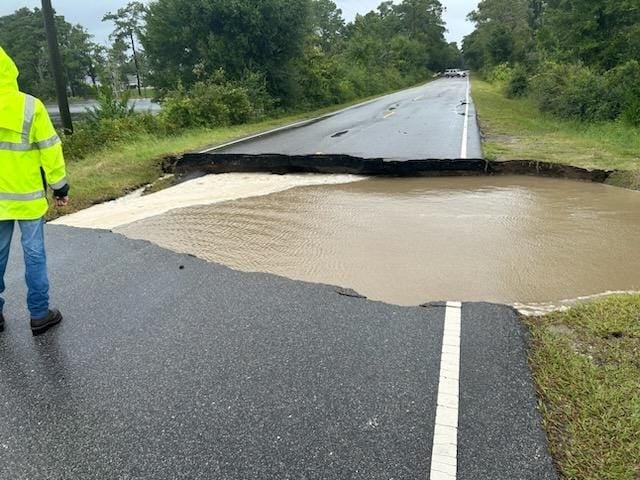 A road collapsed during the storm in Southport, North Carolina. The city of Southport declared a state of emergency