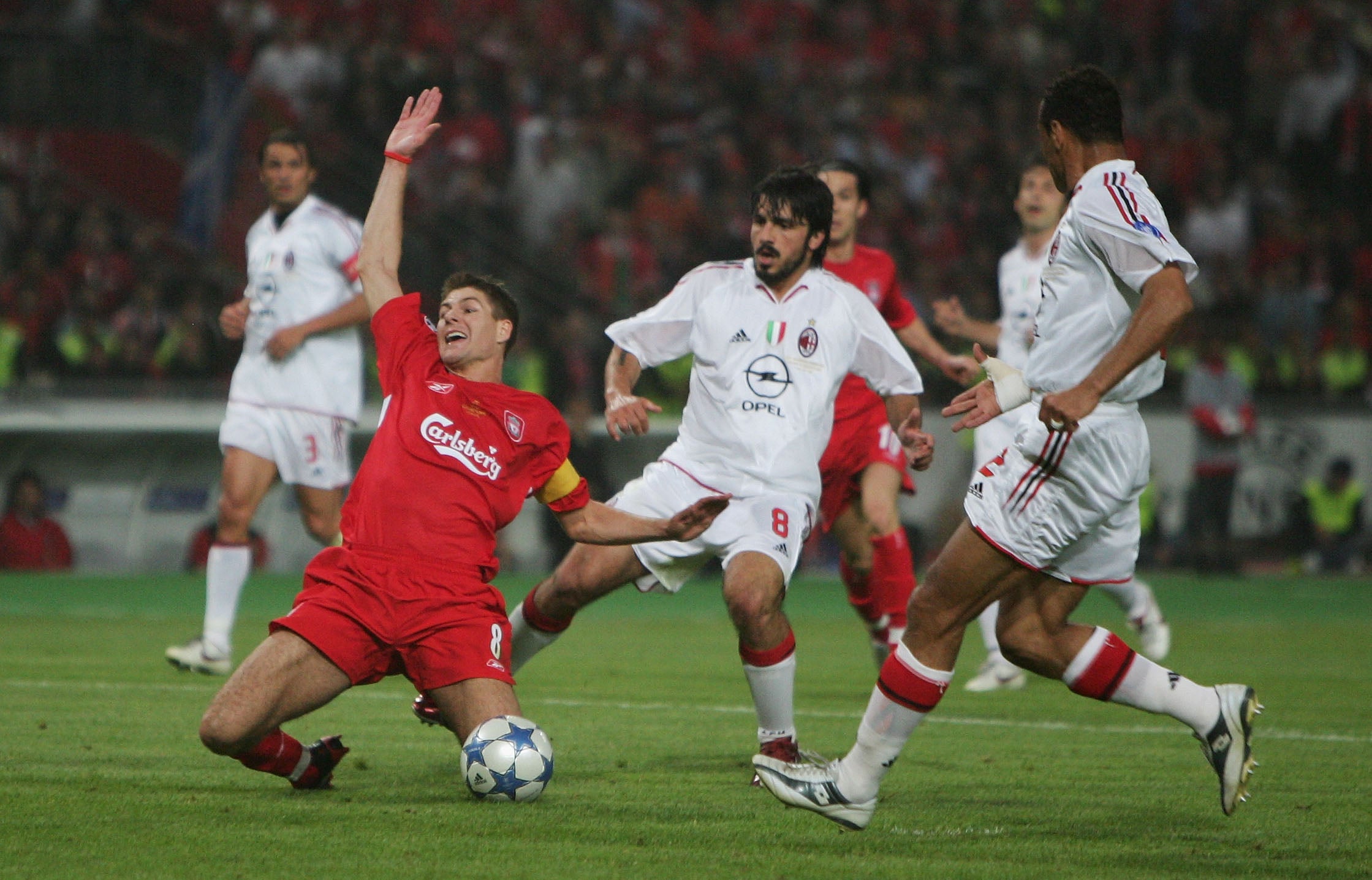 Steven Gerrard wins the penalty to draw Liverpool level against Milan in the 2005 Champions League final