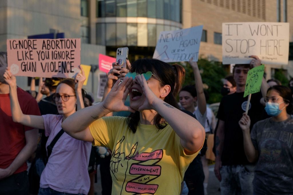 Abortion rights supporters rally in St Louis, Missouri, in 2022 after the Supreme Court’s decision overturning Roe vs Wade.